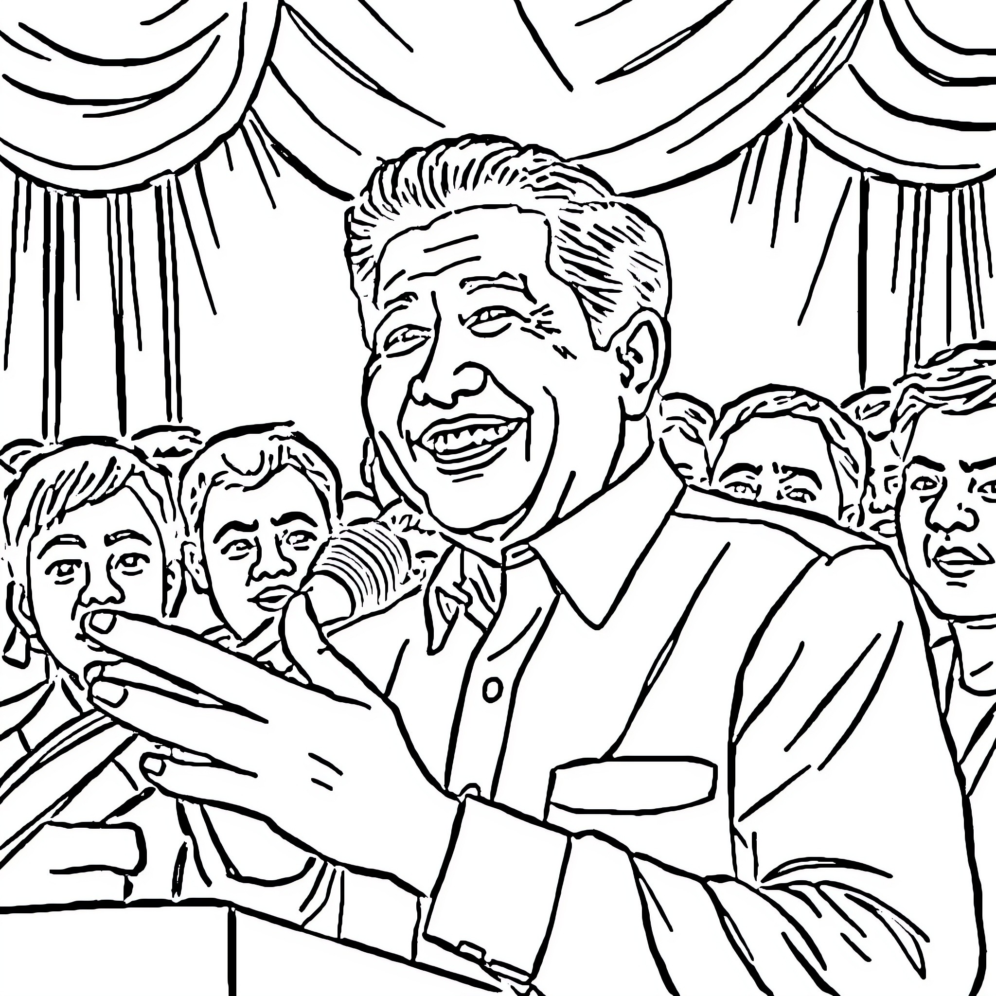 President Delivering an Address to a Crowd Coloring Page (free black-and-white line drawing printable PDF for all, from beginners to advanced learners, including children, teens, adults, and seniors)