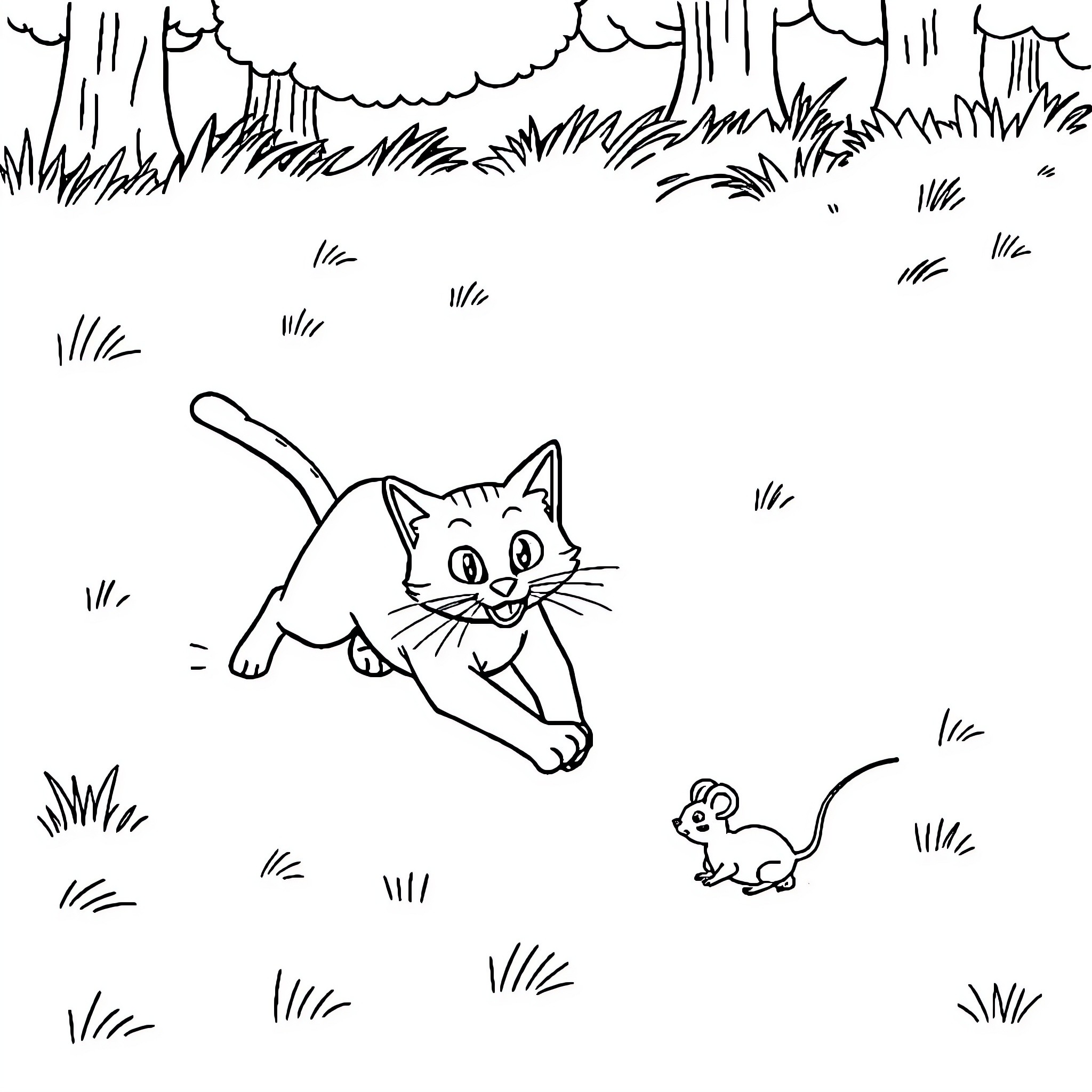 Cat exploring the wilderness with a mouse Coloring Page (free black-and-white line drawing printable PDF for all, from beginners to advanced learners, including children, teens, adults, and seniors)