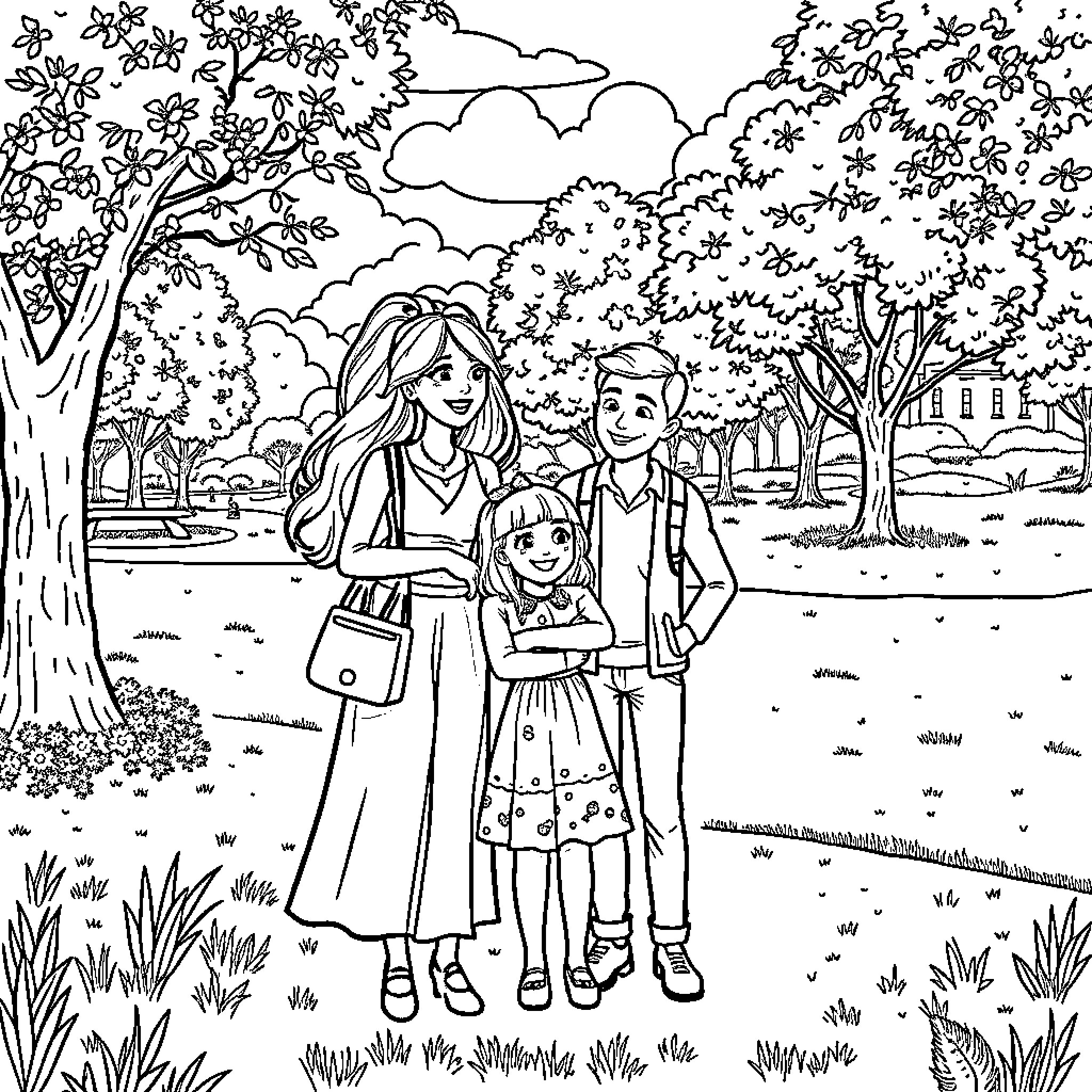 Ariel's Family Outing in the Enchanted Forest Coloring Page (free black-and-white line drawing printable PDF for all, from beginners to advanced learners, including children, teens, adults, and seniors)