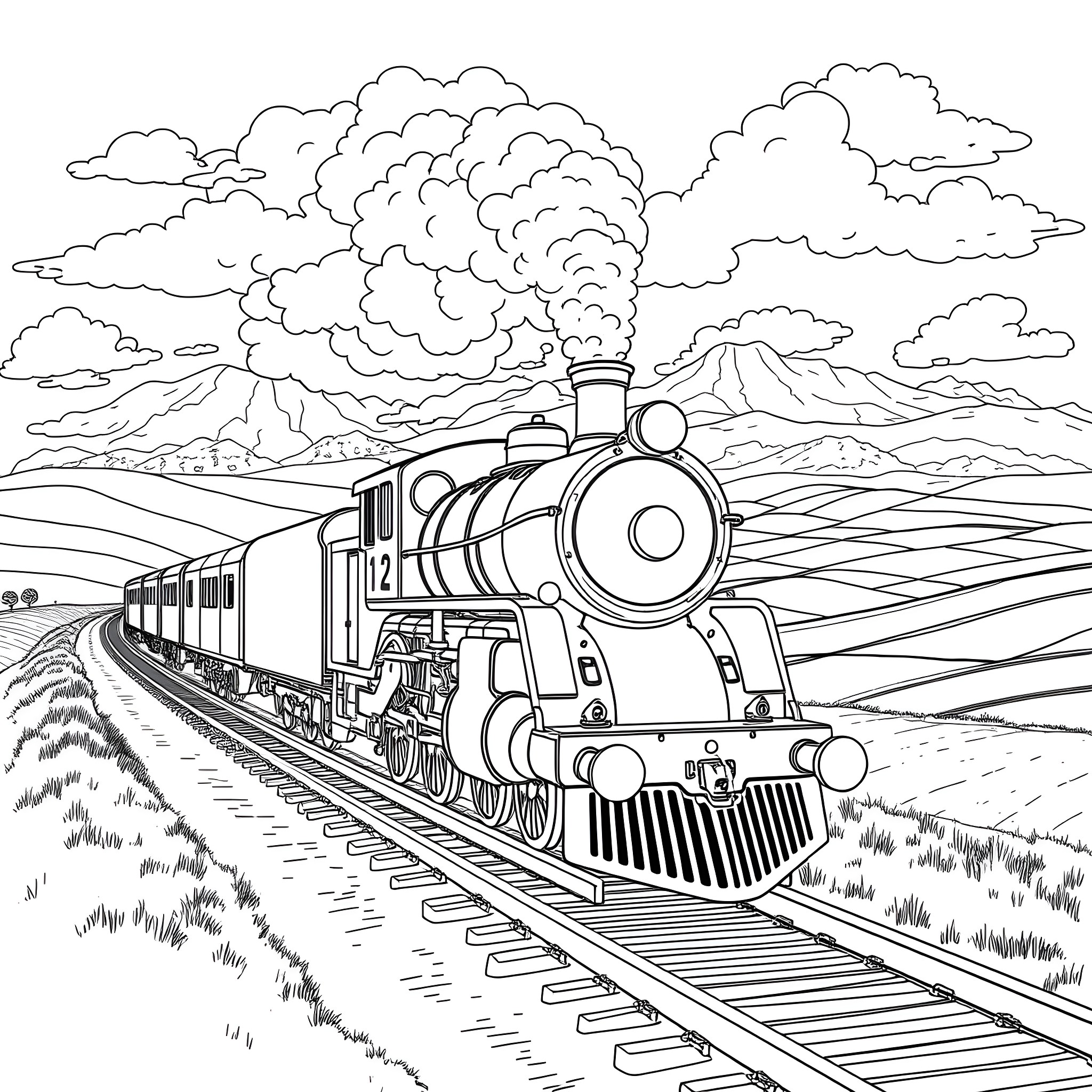 Train traveling through scenic landscape Coloring Page (free black-and-white line drawing printable PDF for all, from beginners to advanced learners, including children, teens, adults, and seniors)