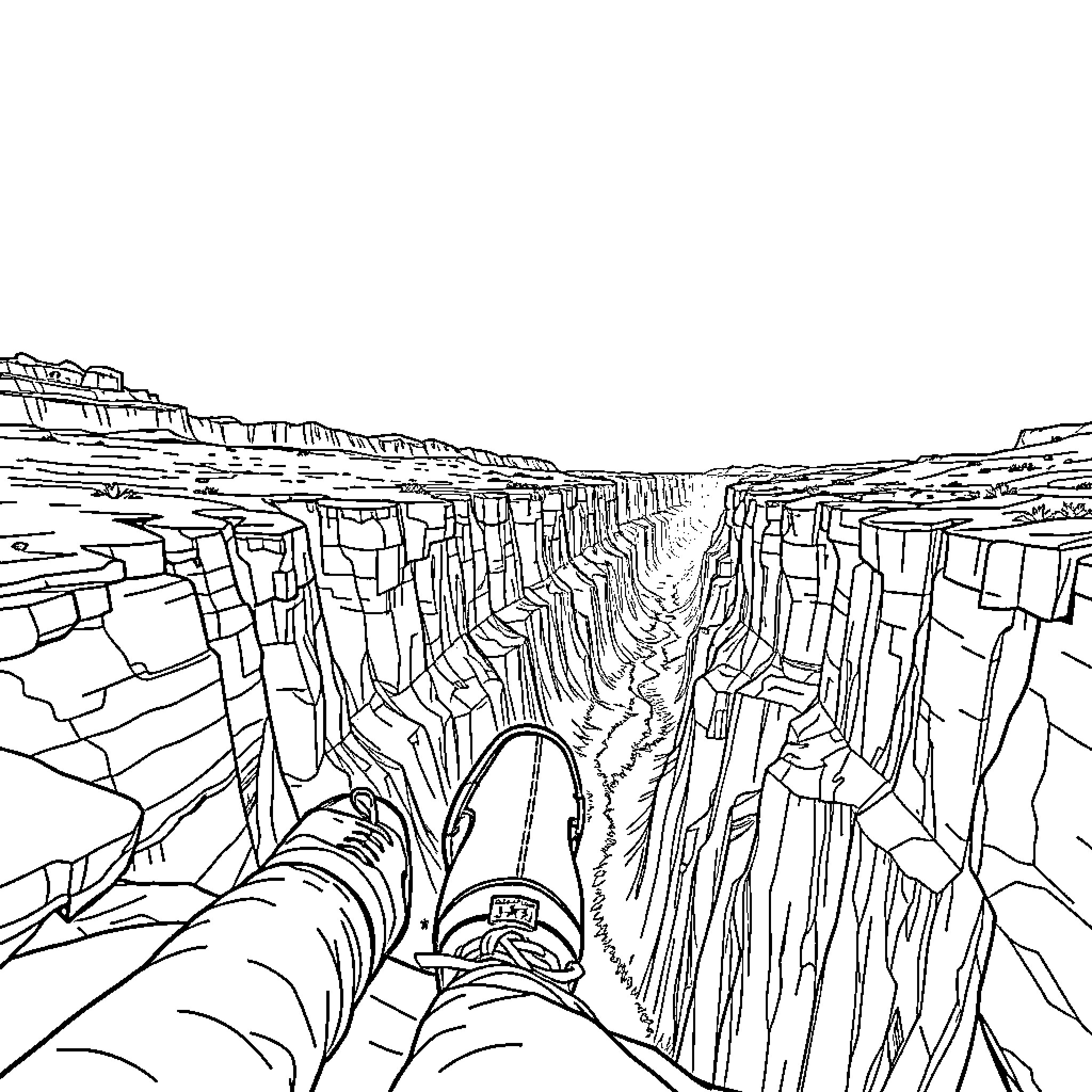 Sneaker crossing rugged terrain in remote landscape Coloring Page (free black-and-white line drawing printable PDF for all, from beginners to advanced learners, including children, teens, adults, and seniors)