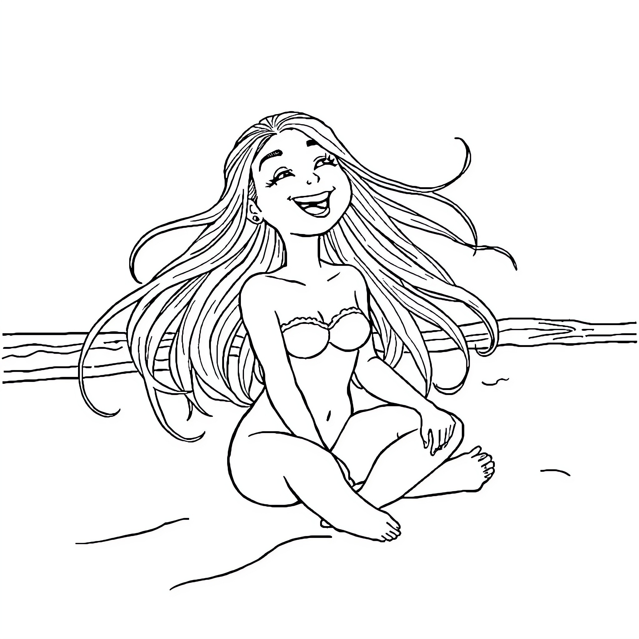 Rapunzel relaxing on the beach Coloring Page (free black-and-white line drawing printable PDF for all, from beginners to advanced learners, including children, teens, adults, and seniors)