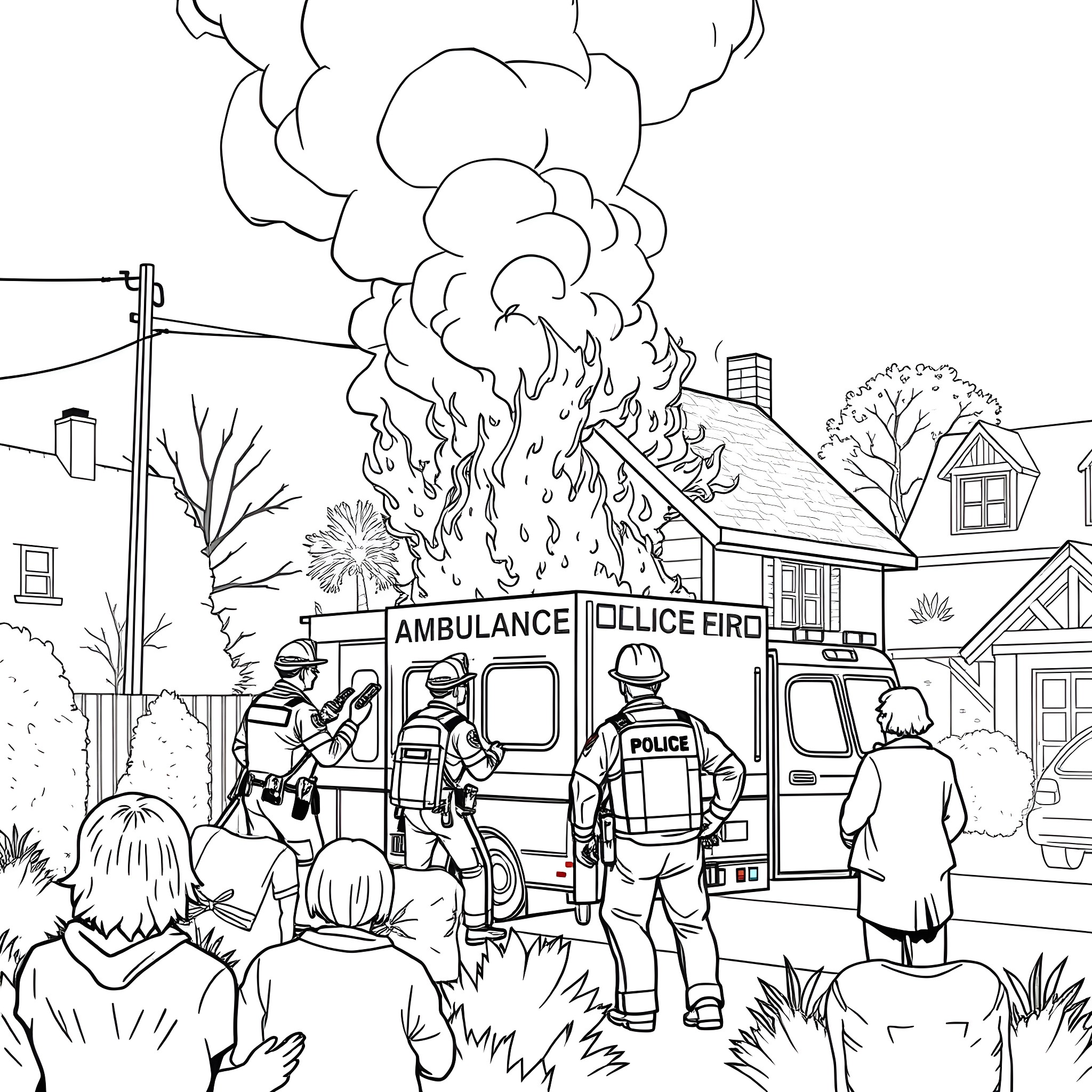 Firefighters Responding to Emergency in Neighborhood Coloring Page (free black-and-white line drawing printable PDF for all, from beginners to advanced learners, including children, teens, adults, and seniors)