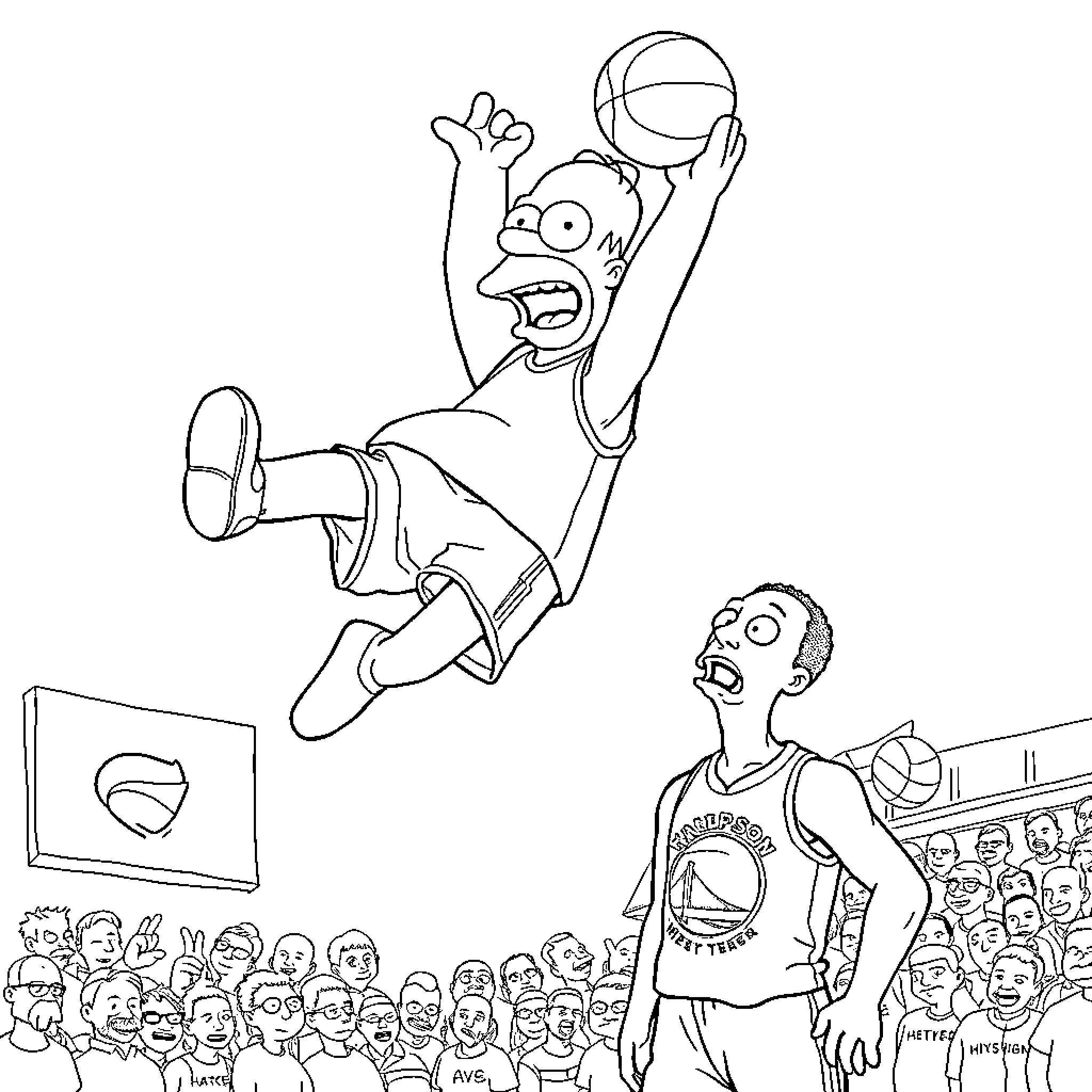 Homer Simpson playing basketball in front of a crowd Coloring Page (free black-and-white line drawing printable PDF for all, from beginners to advanced learners, including children, teens, adults, and seniors)