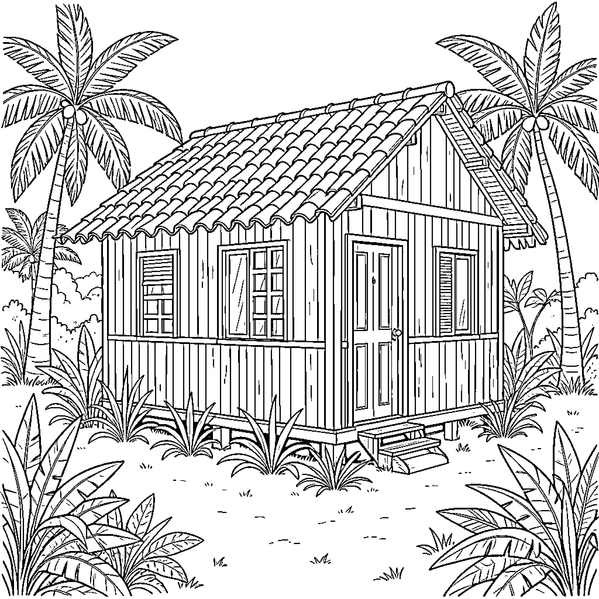 Créole wooden hut nestled among tropical palm trees Coloring Page (free black-and-white line drawing printable PDF for all, from beginners to advanced learners, including children, teens, adults, and seniors)