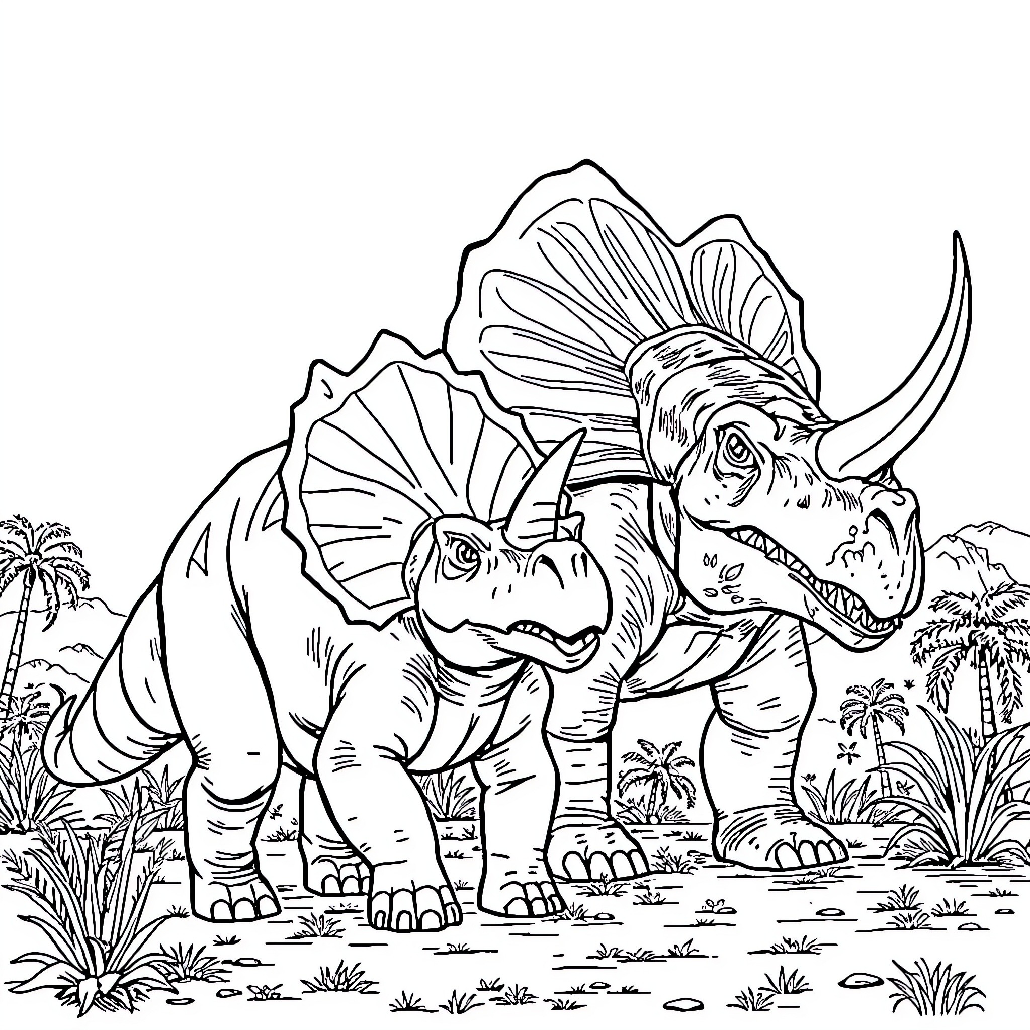 Triceratops roaming through prehistoric landscape Coloring Page (free black-and-white line drawing printable PDF for all, from beginners to advanced learners, including children, teens, adults, and seniors)