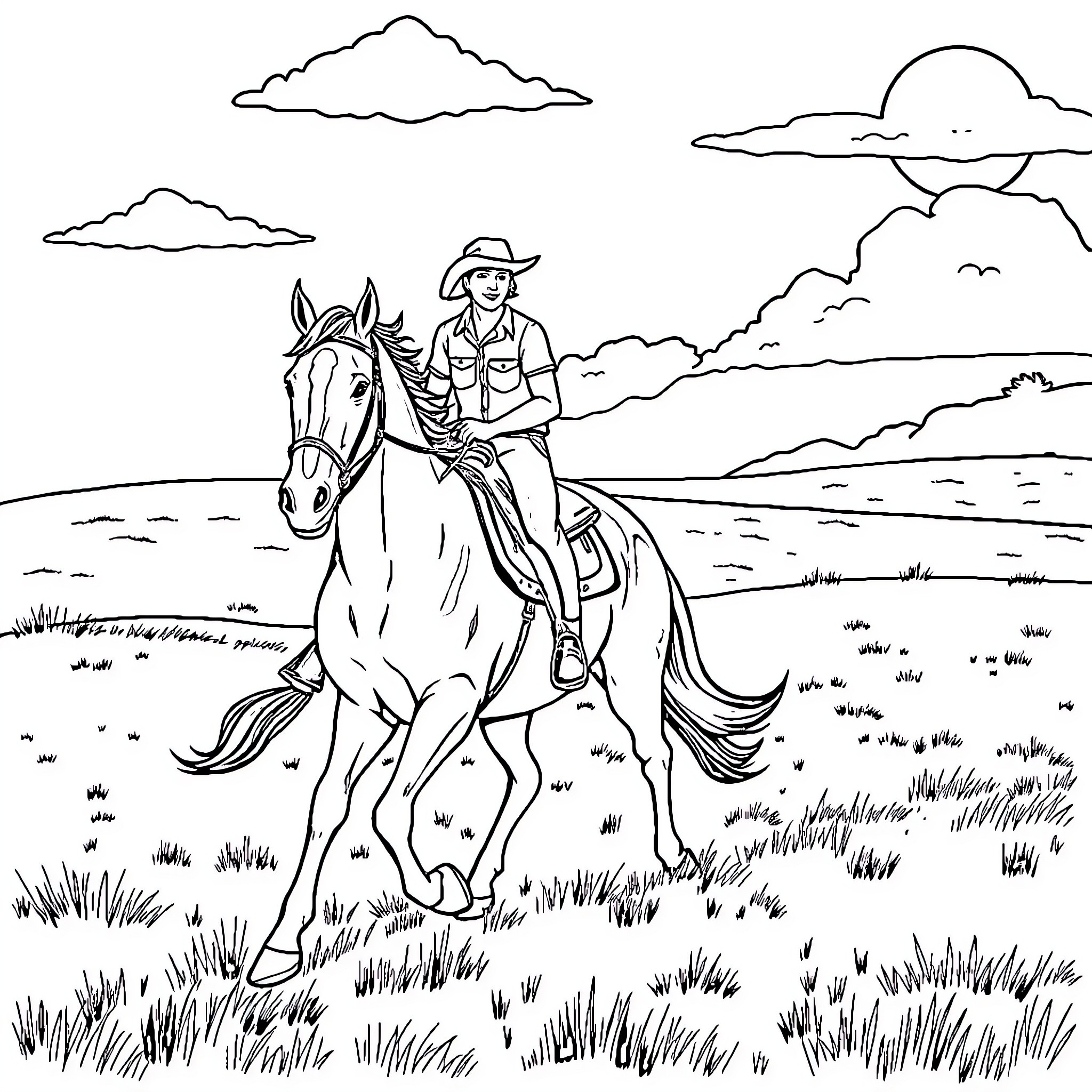 Horse and Rider in Pastoral Landscape Coloring Page (free black-and-white line drawing printable PDF for all, from beginners to advanced learners, including children, teens, adults, and seniors)