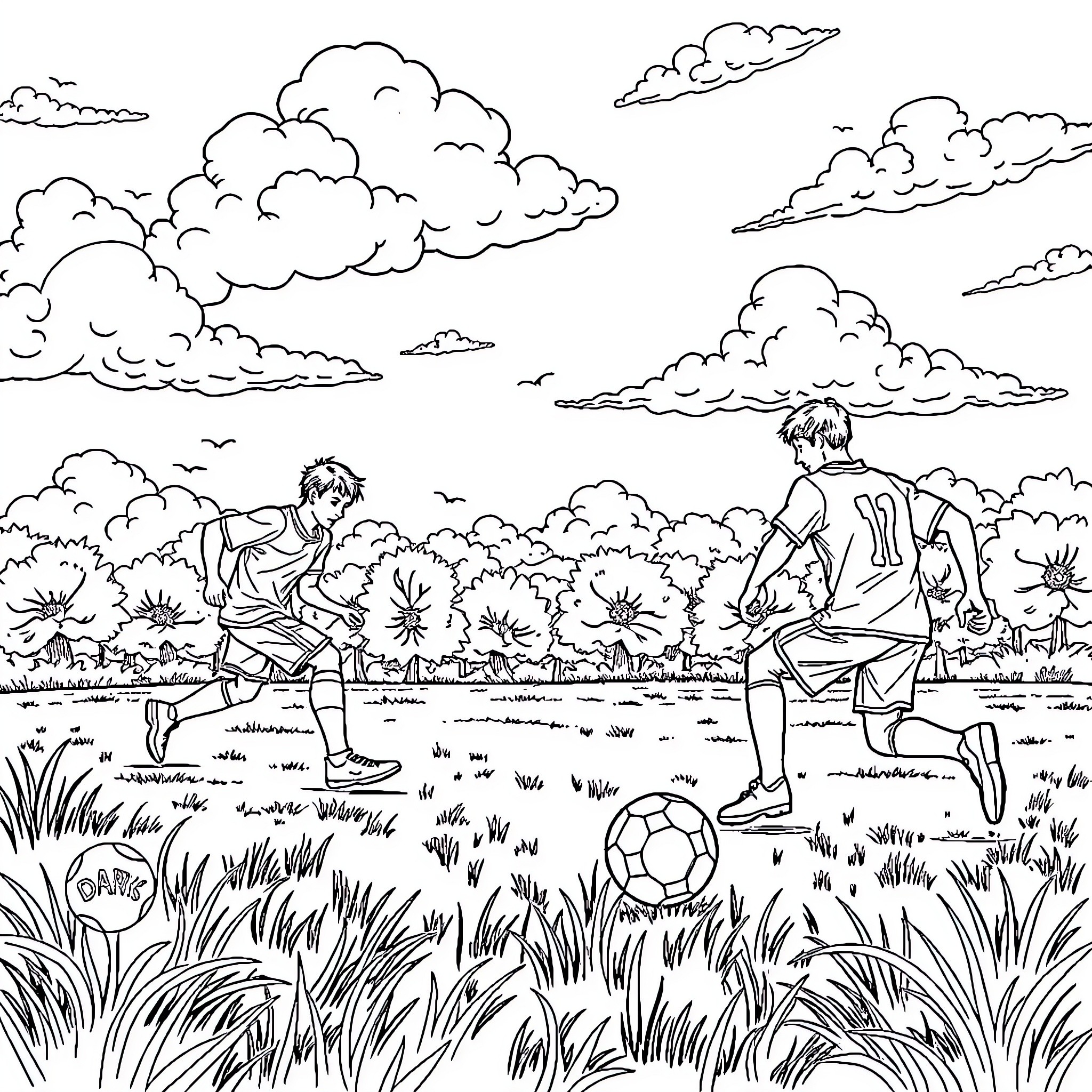 Meteoro: Energetic friends playing soccer in a lush field Coloring Page (free black-and-white line drawing printable PDF for all, from beginners to advanced learners, including children, teens, adults, and seniors)