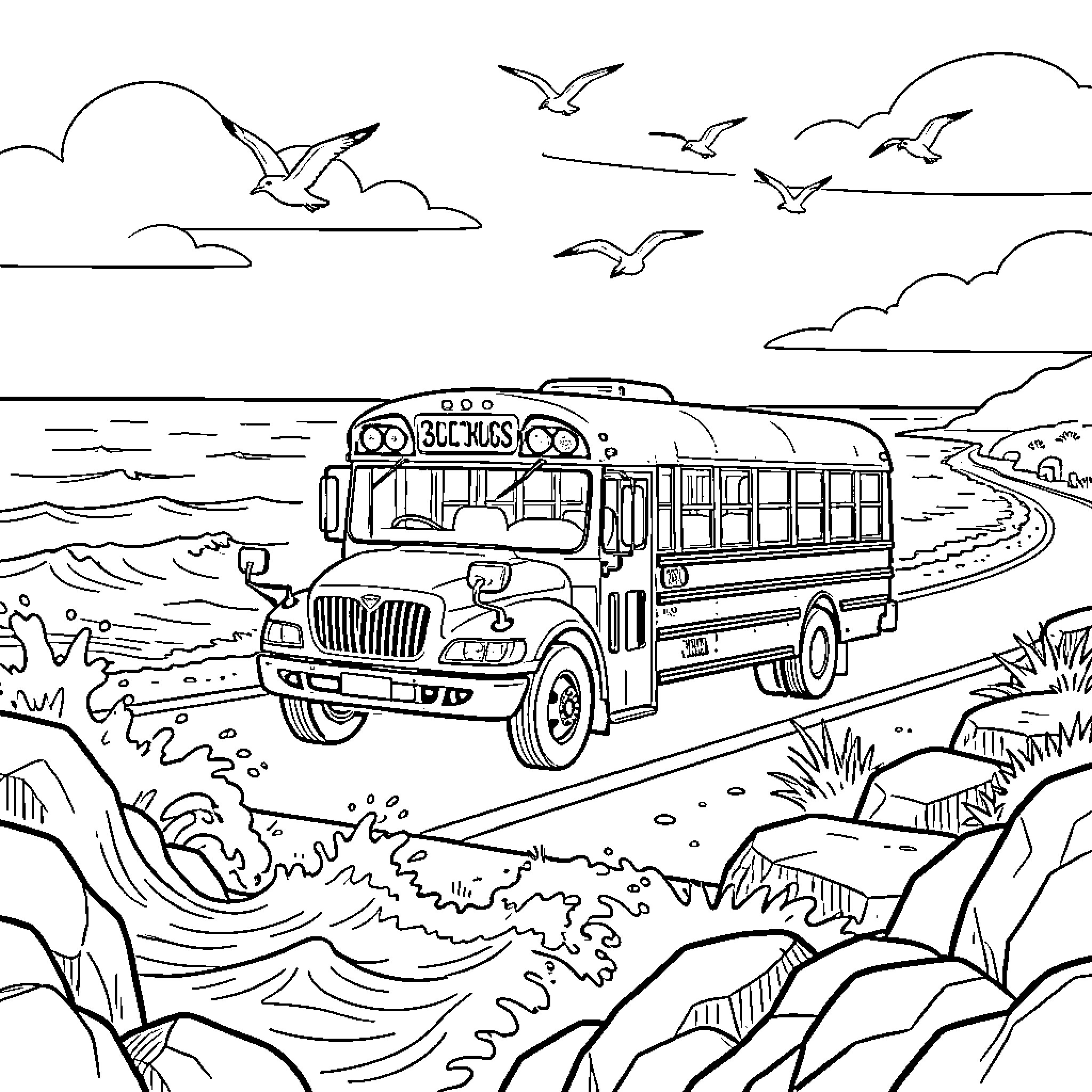 School Bus Traveling on Scenic Coastal Road Coloring Page (free black-and-white line drawing printable PDF for all, from beginners to advanced learners, including children, teens, adults, and seniors)