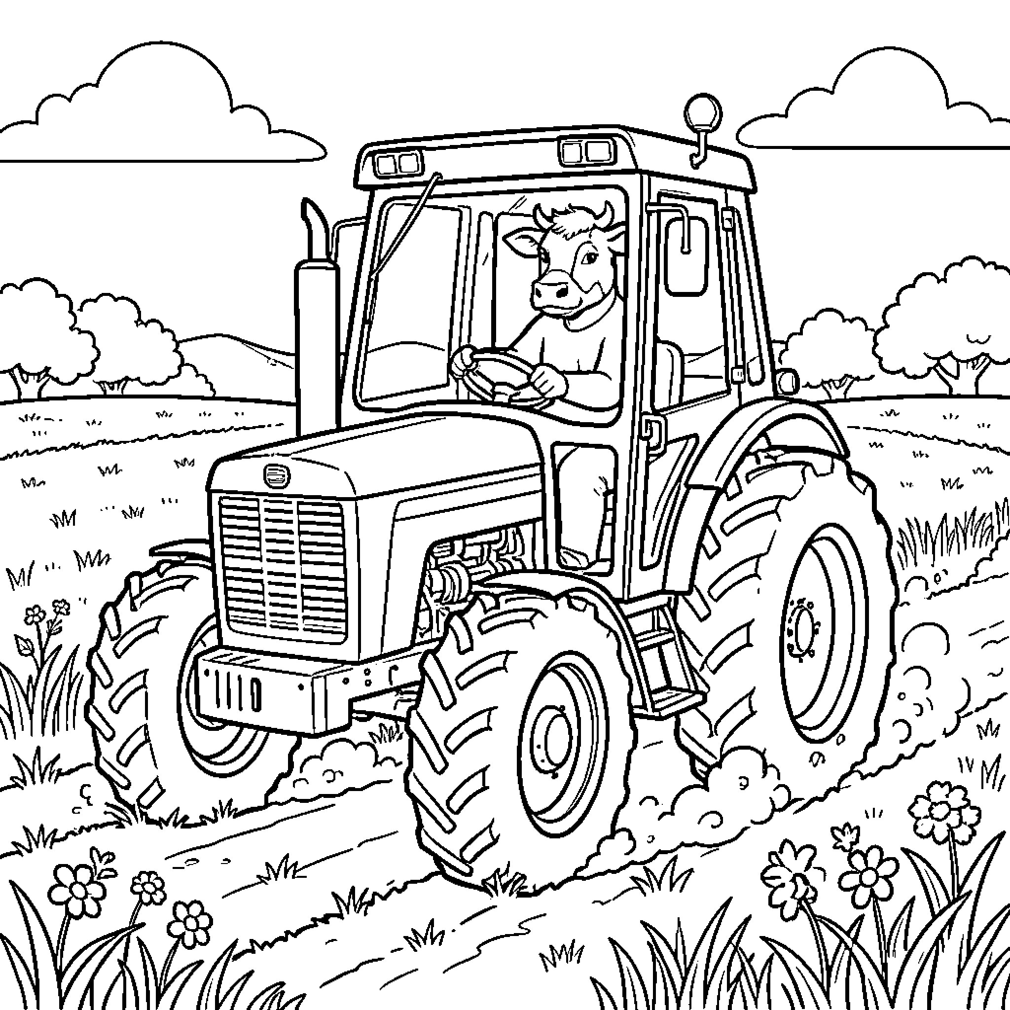 Cow driving a tractor through a flowery field Coloring Page (free black-and-white line drawing printable PDF for all, from beginners to advanced learners, including children, teens, adults, and seniors)