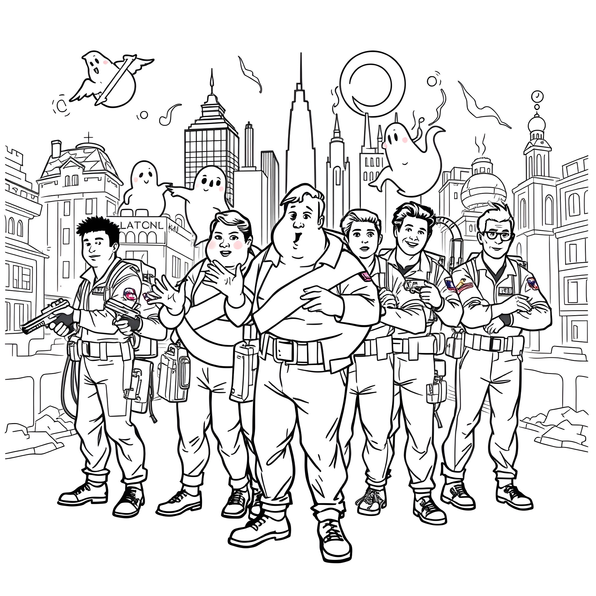 Ghostbusters team in action against paranormal activity Coloring Page (free black-and-white line drawing printable PDF for all, from beginners to advanced learners, including children, teens, adults, and seniors)
