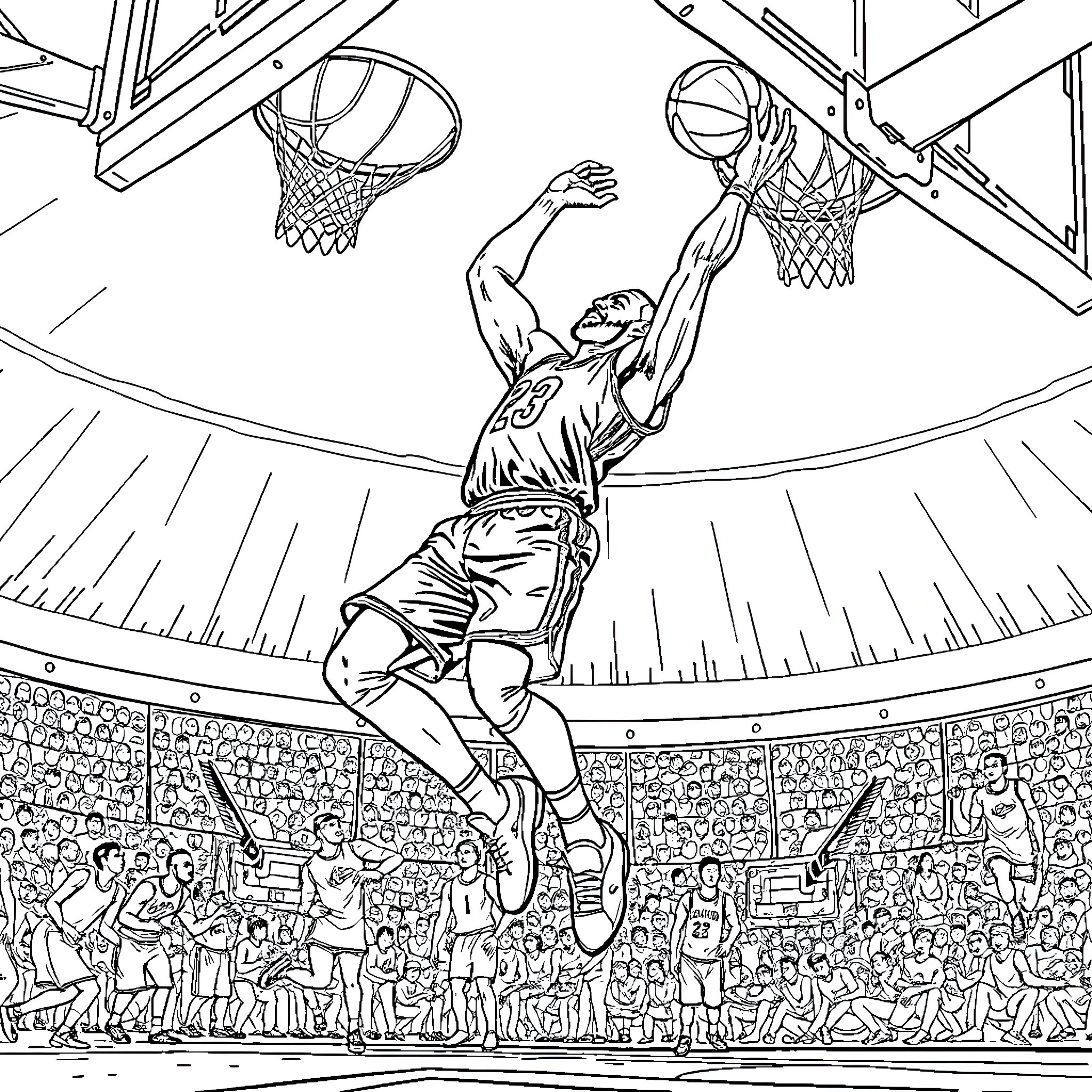 LeBron James performing a slam dunk in a basketball game Coloring Page (free black-and-white line drawing printable PDF for all, from beginners to advanced learners, including children, teens, adults, and seniors)