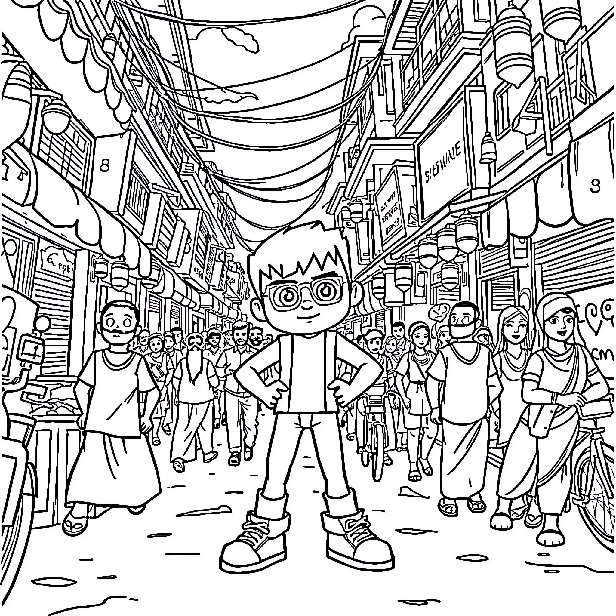 Ben 10 Exploring a Vibrant City Street Coloring Page (free black-and-white line drawing printable PDF for all, from beginners to advanced learners, including children, teens, adults, and seniors)