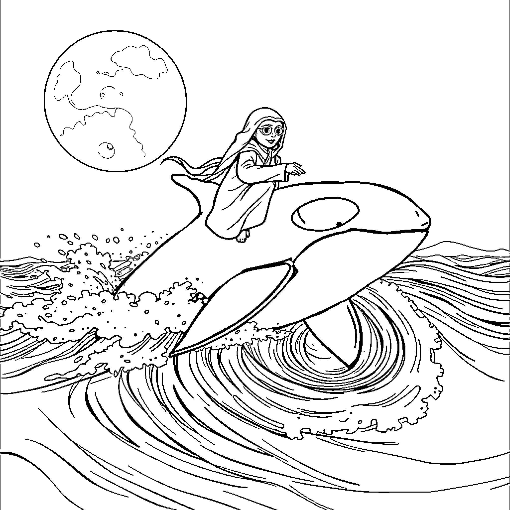 Jar Jar Binks surfing gigantic waves on orca Coloring Page (free black-and-white line drawing printable PDF for all, from beginners to advanced learners, including children, teens, adults, and seniors)