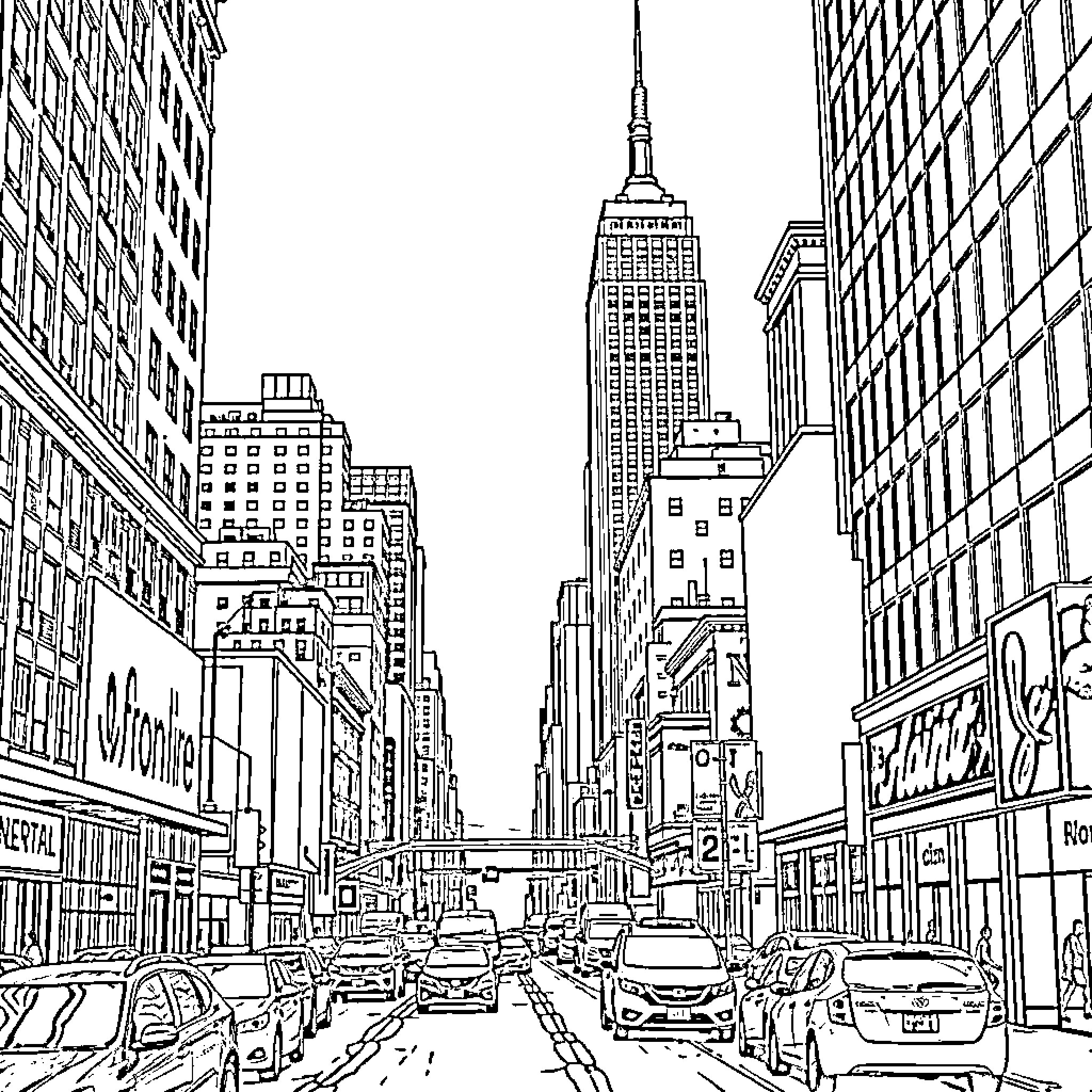 New York City skyline with iconic buildings and busy streets Coloring Page (free black-and-white line drawing printable PDF for all, from beginners to advanced learners, including children, teens, adults, and seniors)