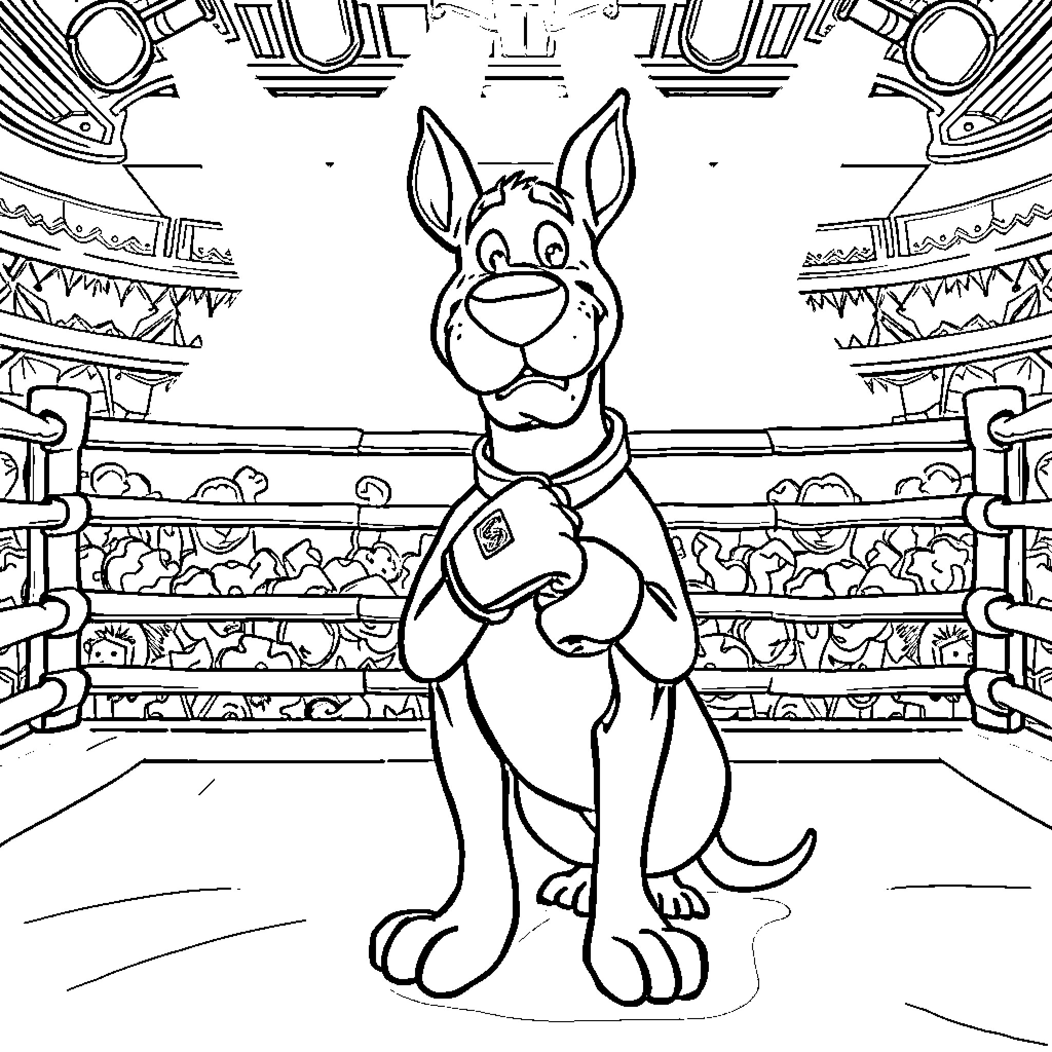 Scooby Doo in a wrestling arena Coloring Page (free black-and-white line drawing printable PDF for all, from beginners to advanced learners, including children, teens, adults, and seniors)