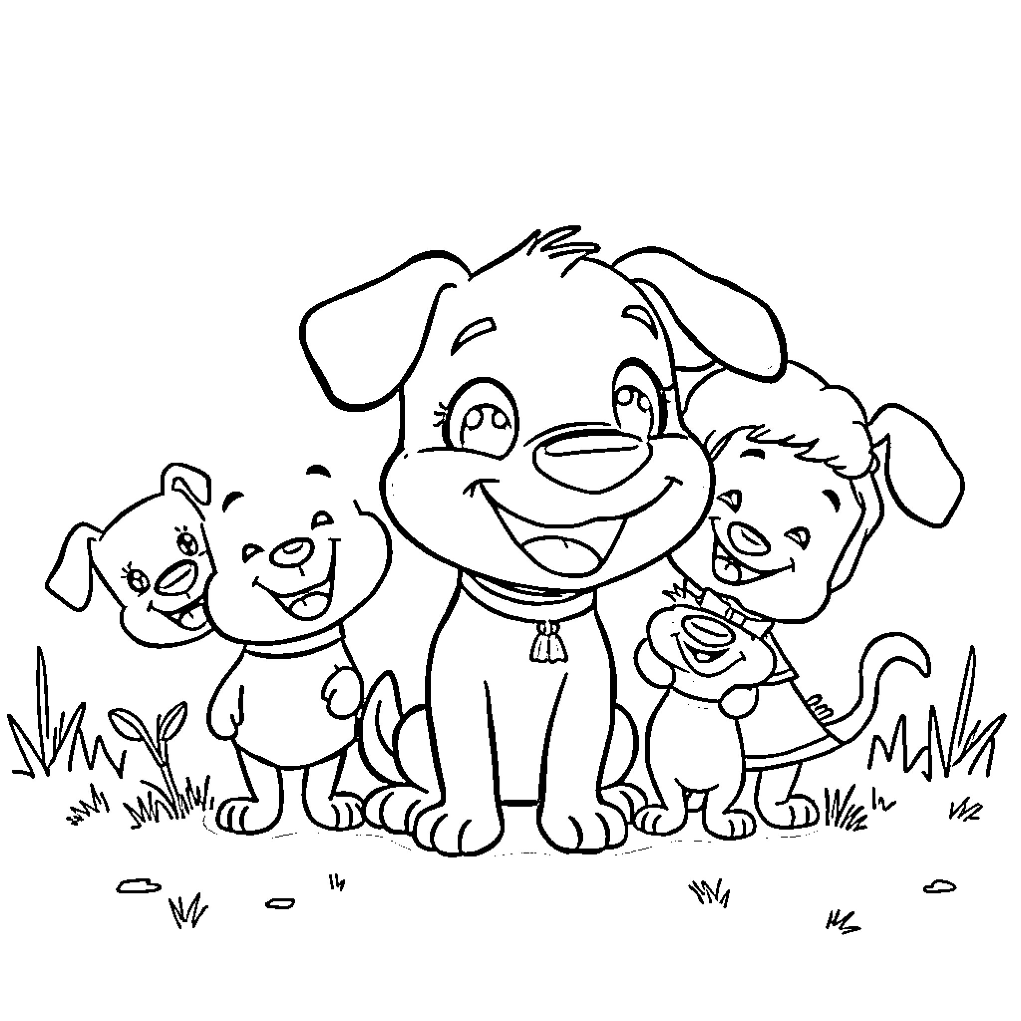 Bluey and friends playing happily together Coloring Page (free black-and-white line drawing printable PDF for all, from beginners to advanced learners, including children, teens, adults, and seniors)