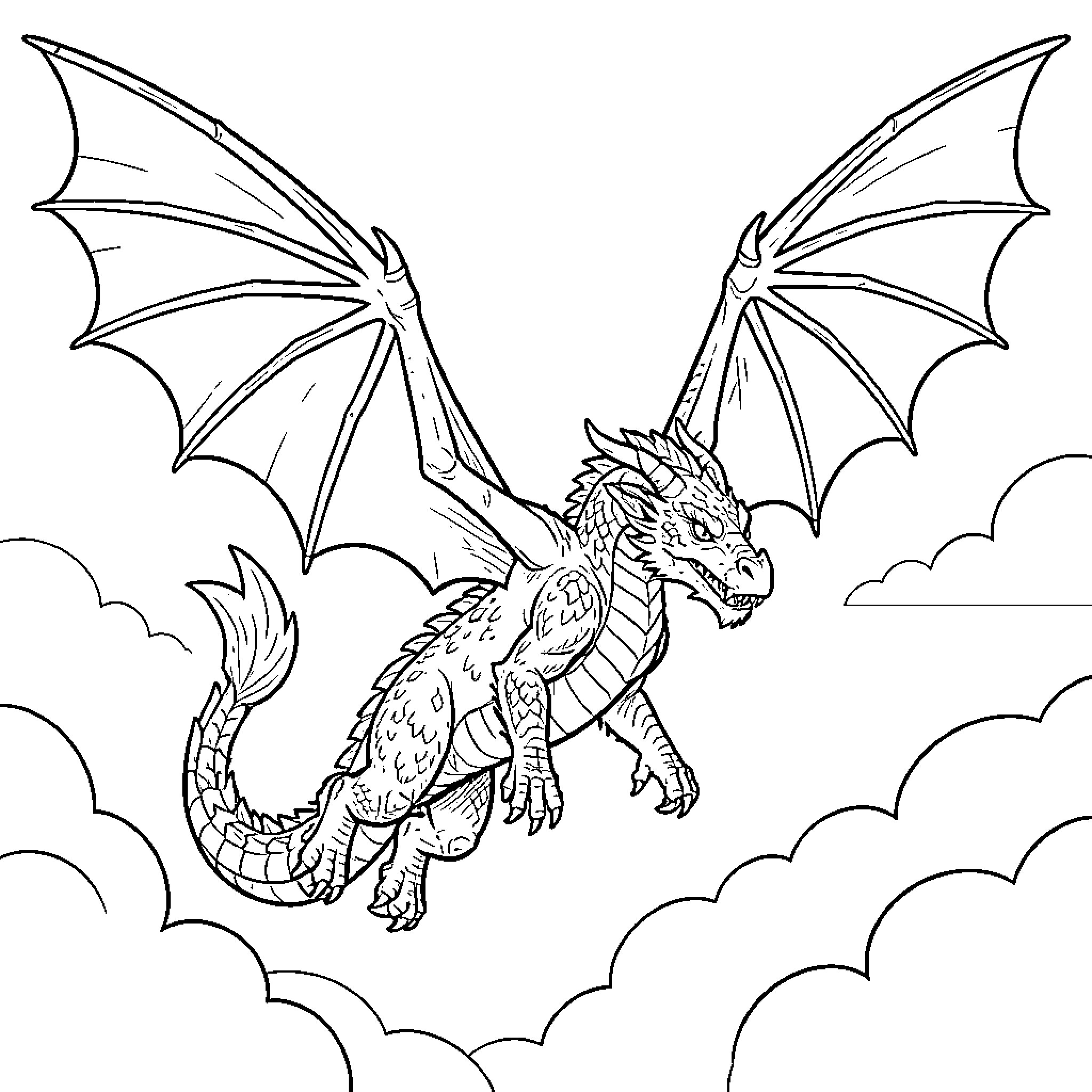 Dragon soaring majestically through the fluffy clouds Coloring Page (free black-and-white line drawing printable PDF for all, from beginners to advanced learners, including children, teens, adults, and seniors)