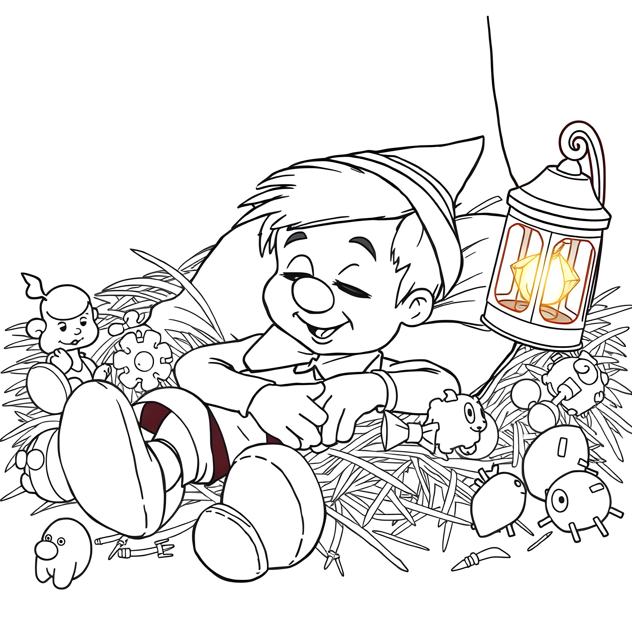 Pinocchio's Playful Adventure with Toys and Lantern Coloring Page (free black-and-white line drawing printable PDF for all, from beginners to advanced learners, including children, teens, adults, and seniors)