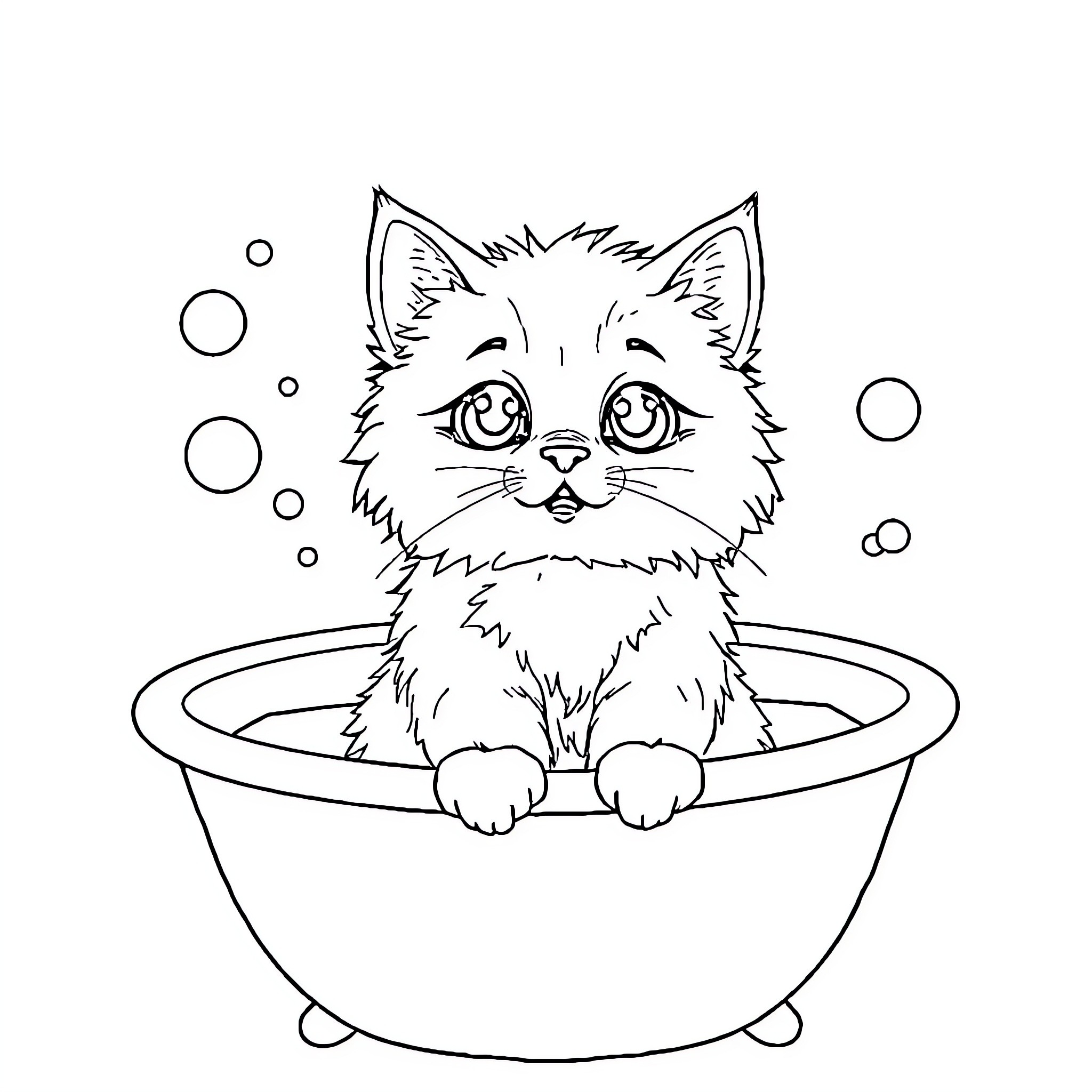 Cat enjoying a relaxing bath in the tub Coloring Page (free black-and-white line drawing printable PDF for all, from beginners to advanced learners, including children, teens, adults, and seniors)
