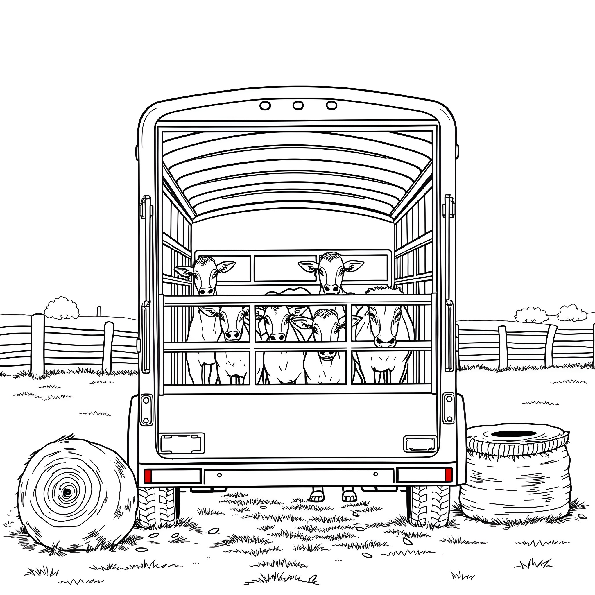 Livestock Trailer Transporting Cattle in a Rural Landscape Coloring Page (free black-and-white line drawing printable PDF for all, from beginners to advanced learners, including children, teens, adults, and seniors)