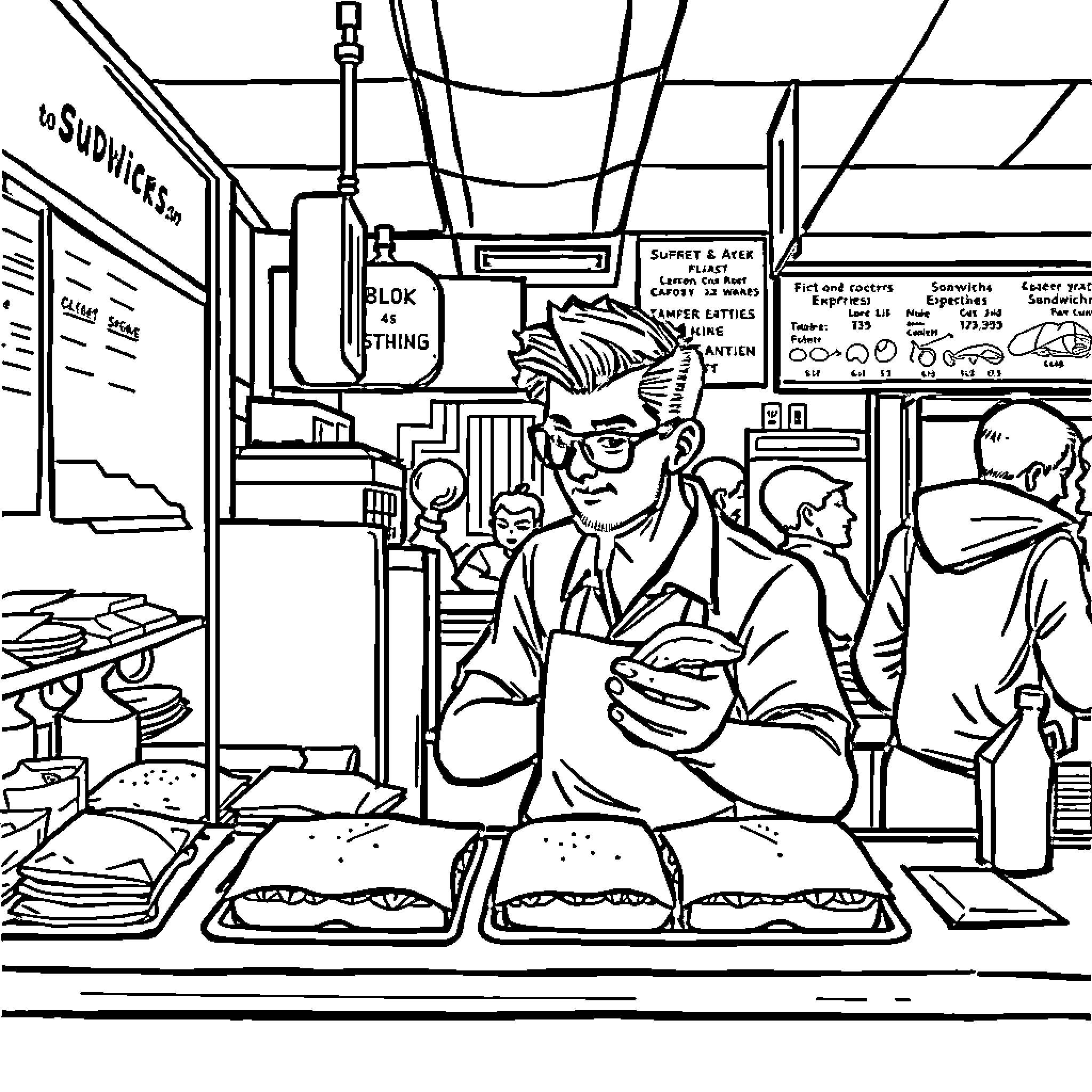 Guy working at a food service counter Coloring Page (free black-and-white line drawing printable PDF for all, from beginners to advanced learners, including children, teens, adults, and seniors)