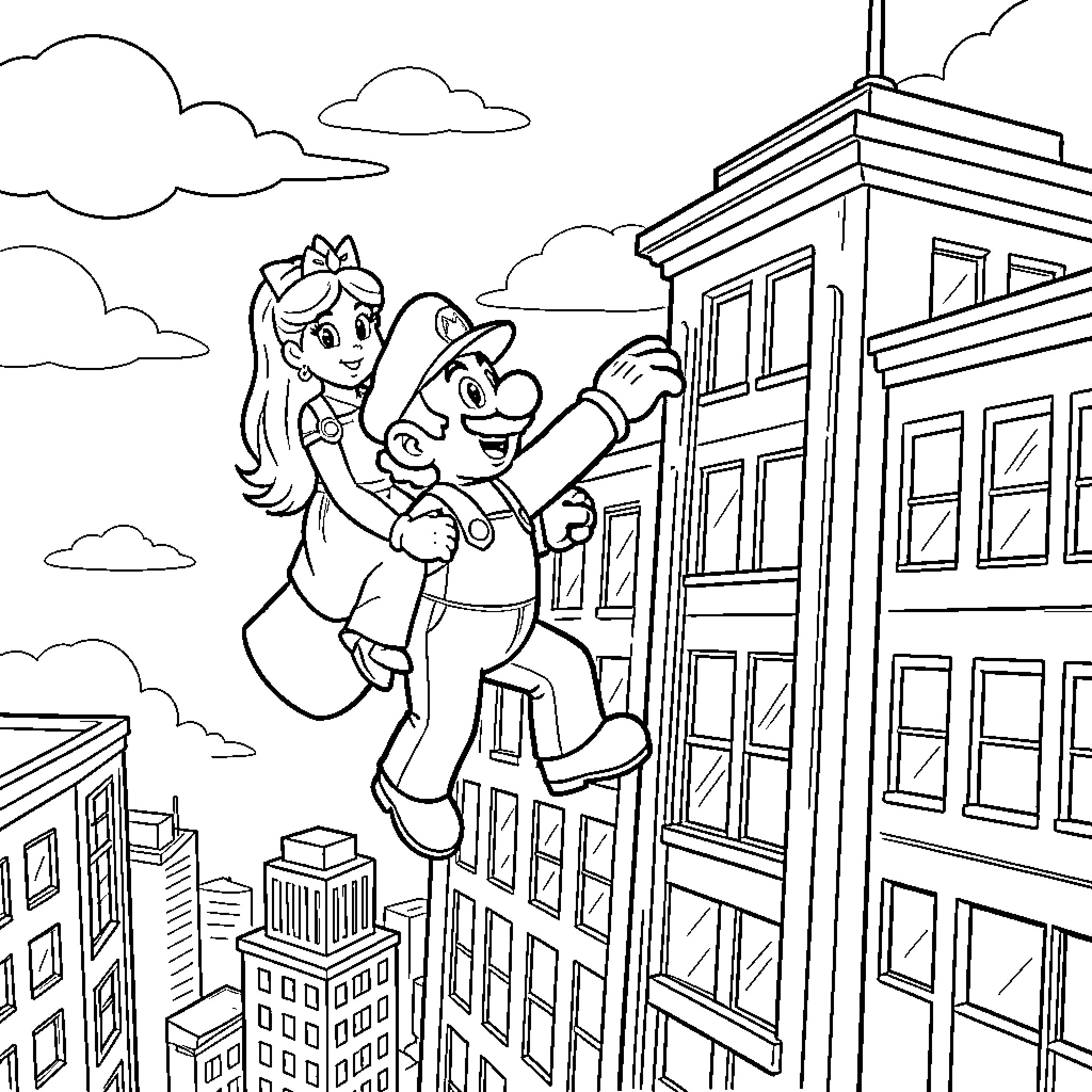 Mario and Princess Adventuring in the City Coloring Page (free black-and-white line drawing printable PDF for all, from beginners to advanced learners, including children, teens, adults, and seniors)