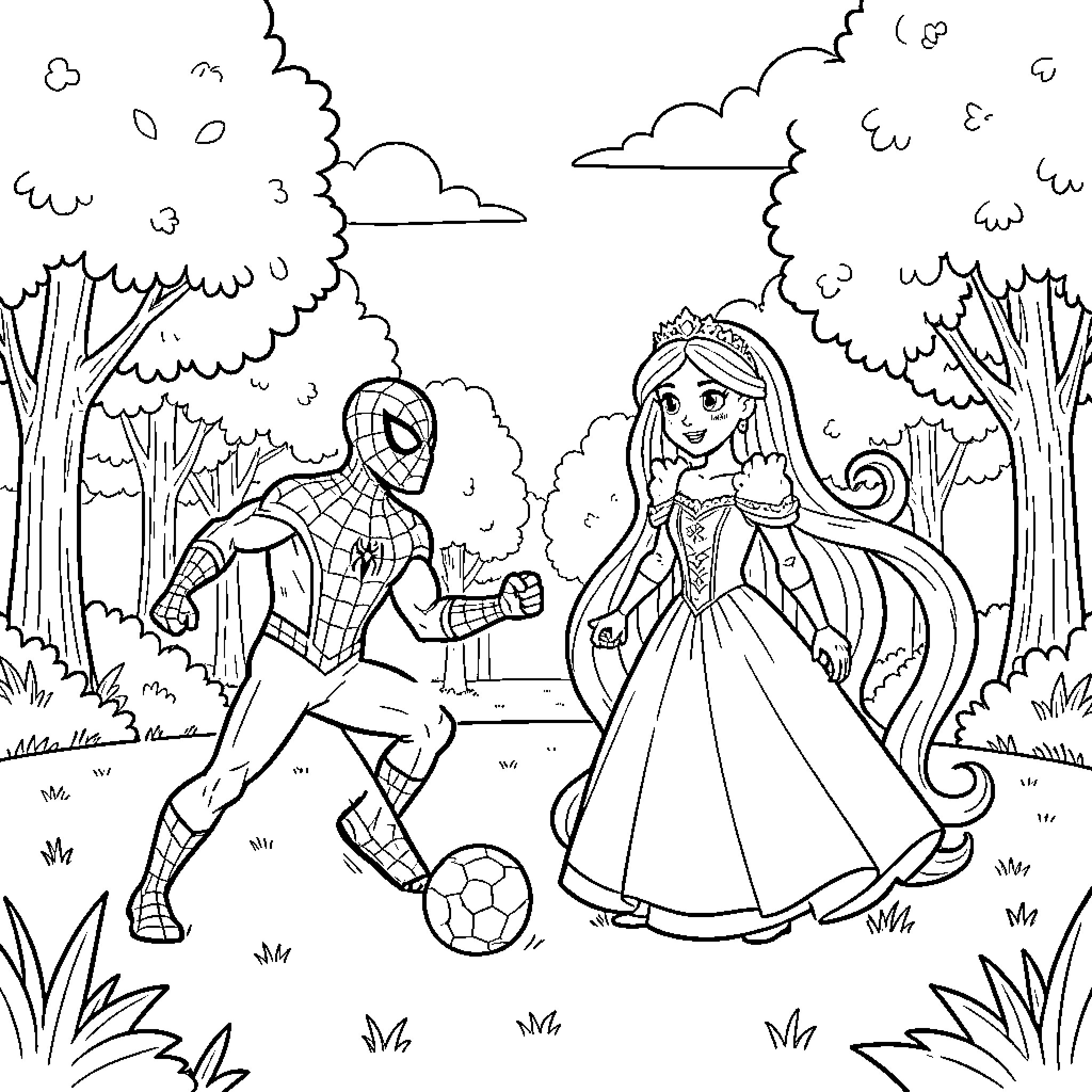 Spider-Man playing soccer with a princess in a park Coloring Page (free black-and-white line drawing printable PDF for all, from beginners to advanced learners, including children, teens, adults, and seniors)
