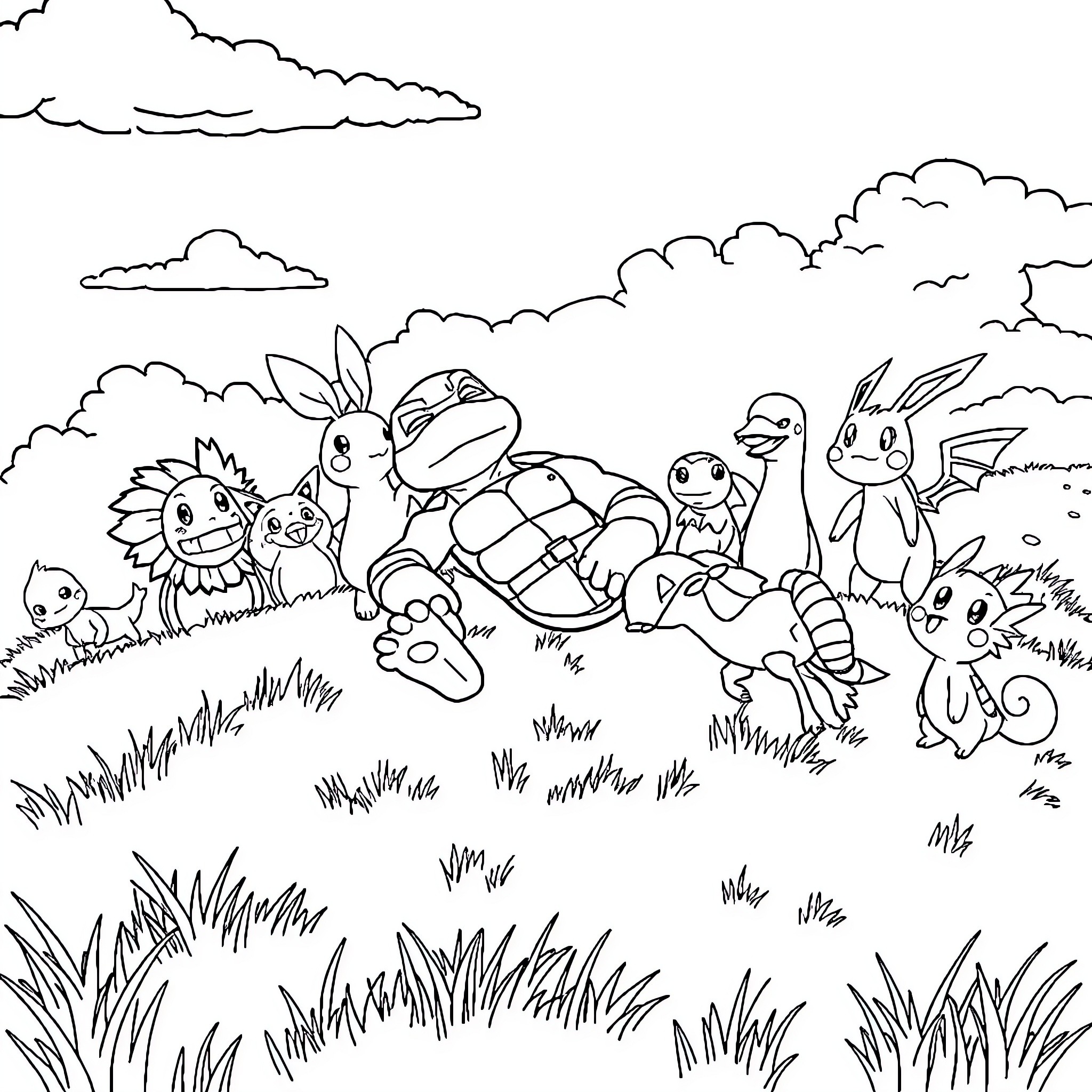 Ninja Turtle characters in a whimsical outdoor scene Coloring Page (free black-and-white line drawing printable PDF for all, from beginners to advanced learners, including children, teens, adults, and seniors)