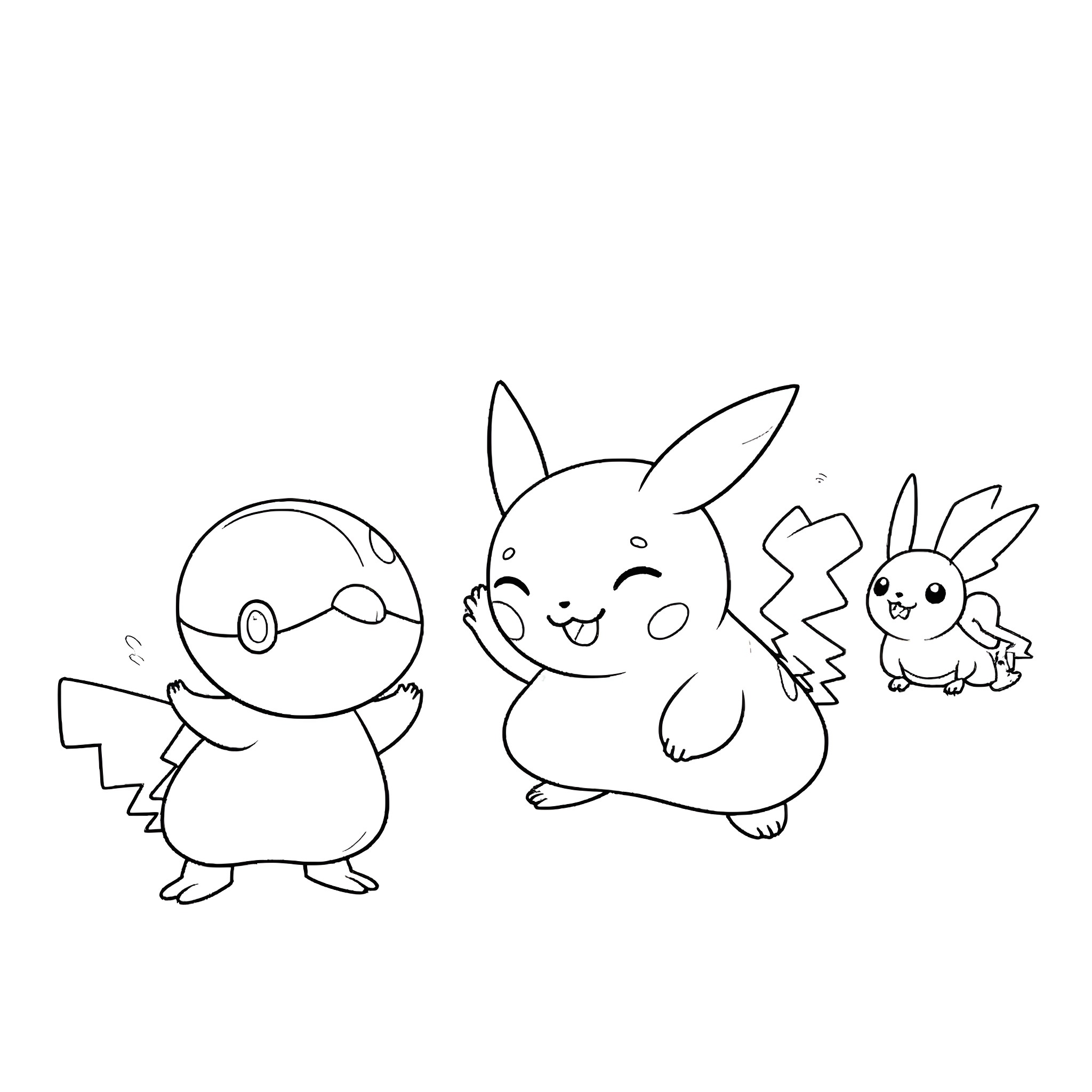 Pikachu and friends in an animated scene Coloring Page (free black-and-white line drawing printable PDF for all, from beginners to advanced learners, including children, teens, adults, and seniors)