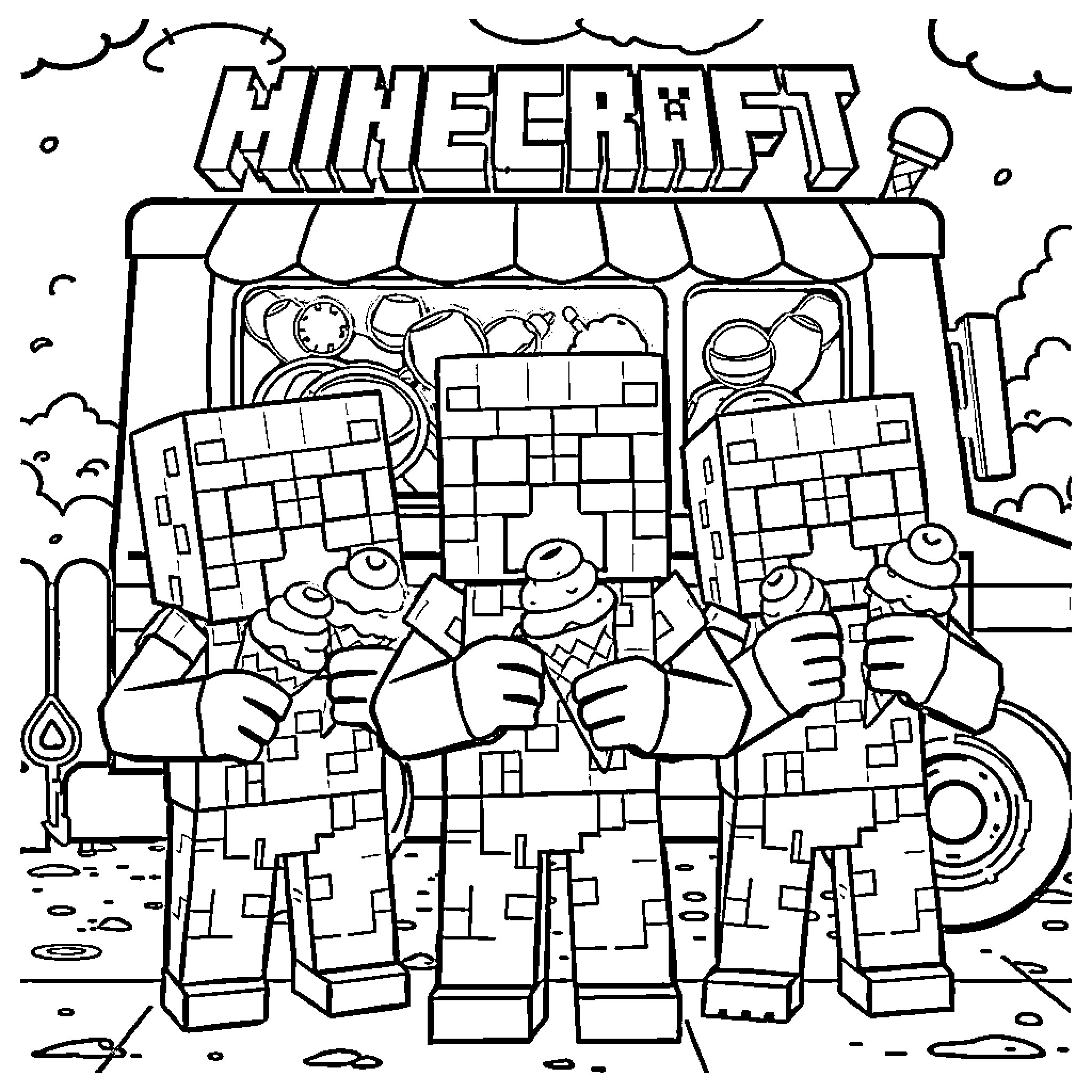 Creeper characters exploring the Minecraft world Coloring Page (free black-and-white line drawing printable PDF for all, from beginners to advanced learners, including children, teens, adults, and seniors)