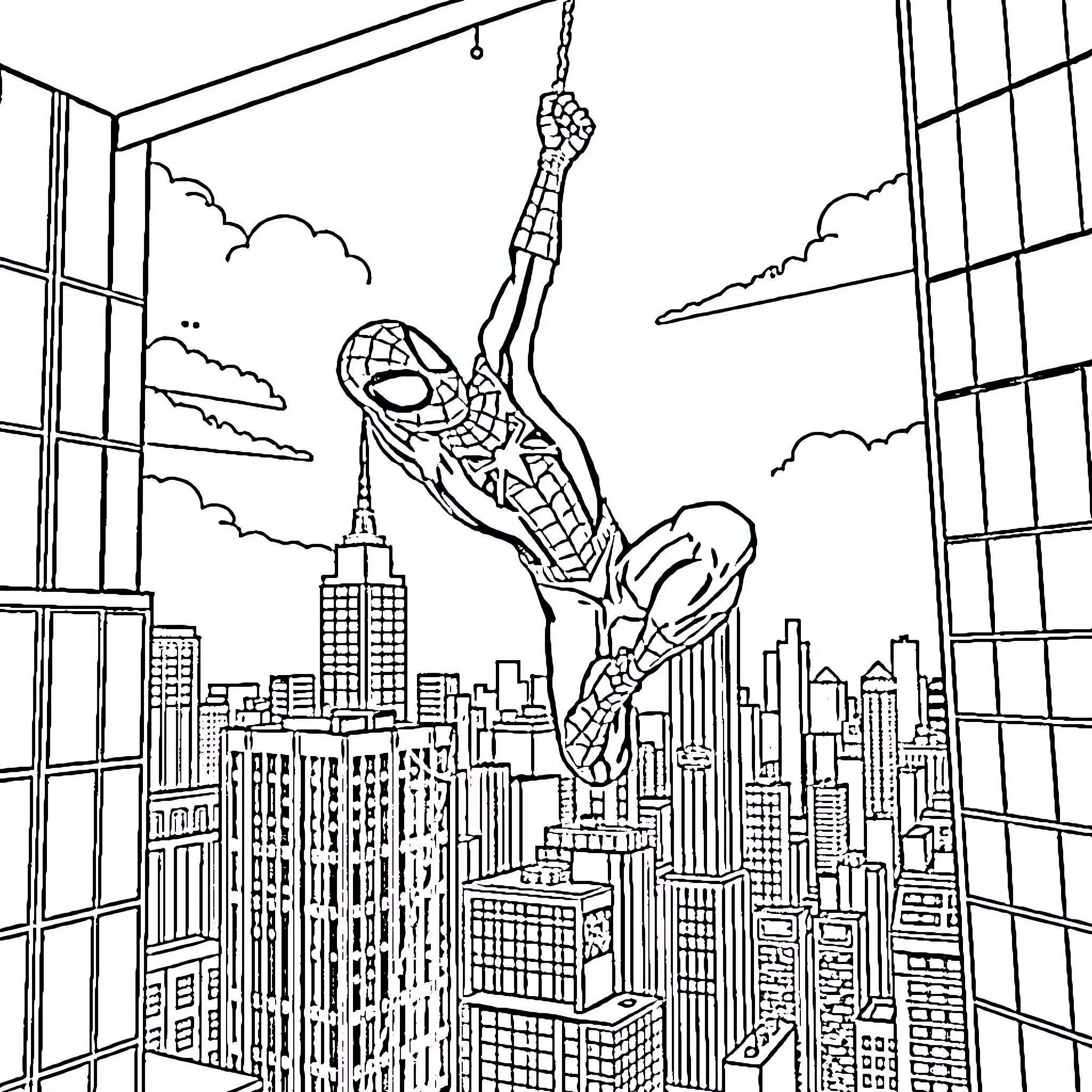 Spider-Man swinging through the city skyline Coloring Page (free black-and-white line drawing printable PDF for all, from beginners to advanced learners, including children, teens, adults, and seniors)