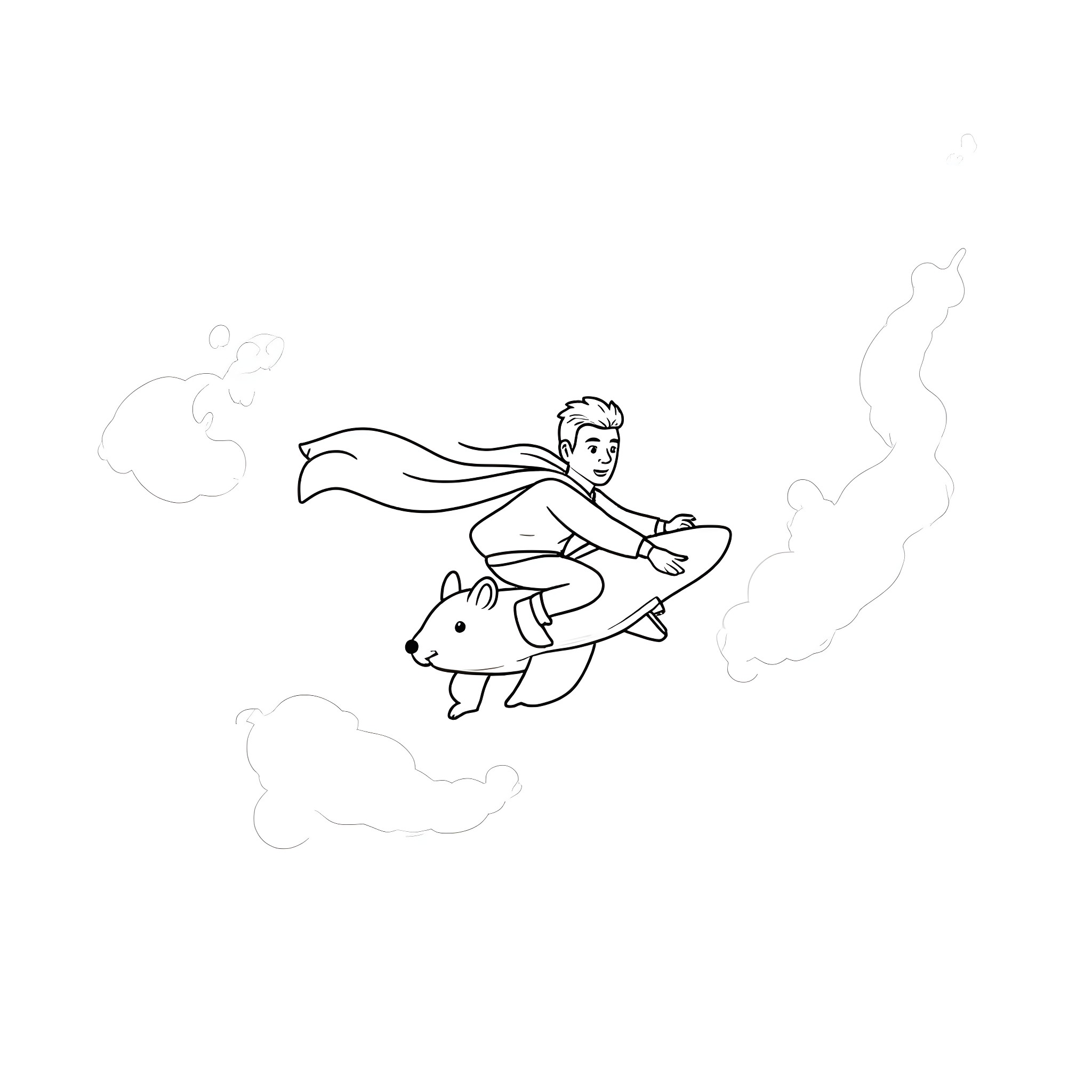 Elon Musk riding a polar bear through the sky Coloring Page (free black-and-white line drawing printable PDF for all, from beginners to advanced learners, including children, teens, adults, and seniors)