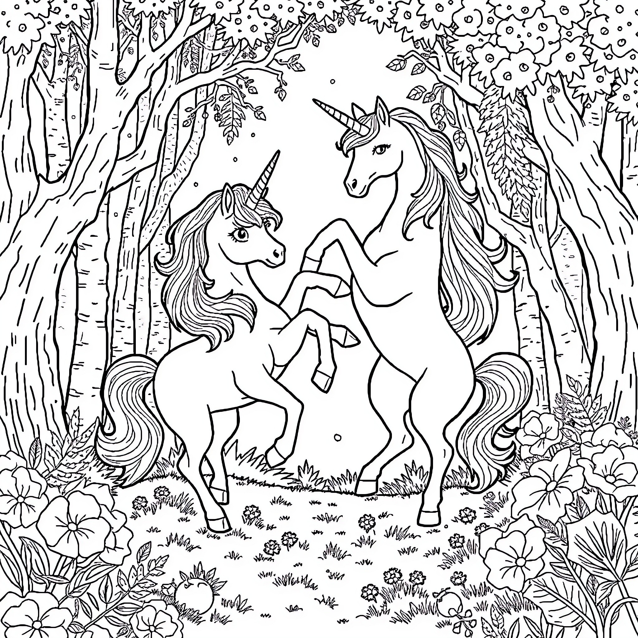 Unicorn playing joyfully in enchanted forest Coloring Page (free black-and-white line drawing printable PDF for all, from beginners to advanced learners, including children, teens, adults, and seniors)