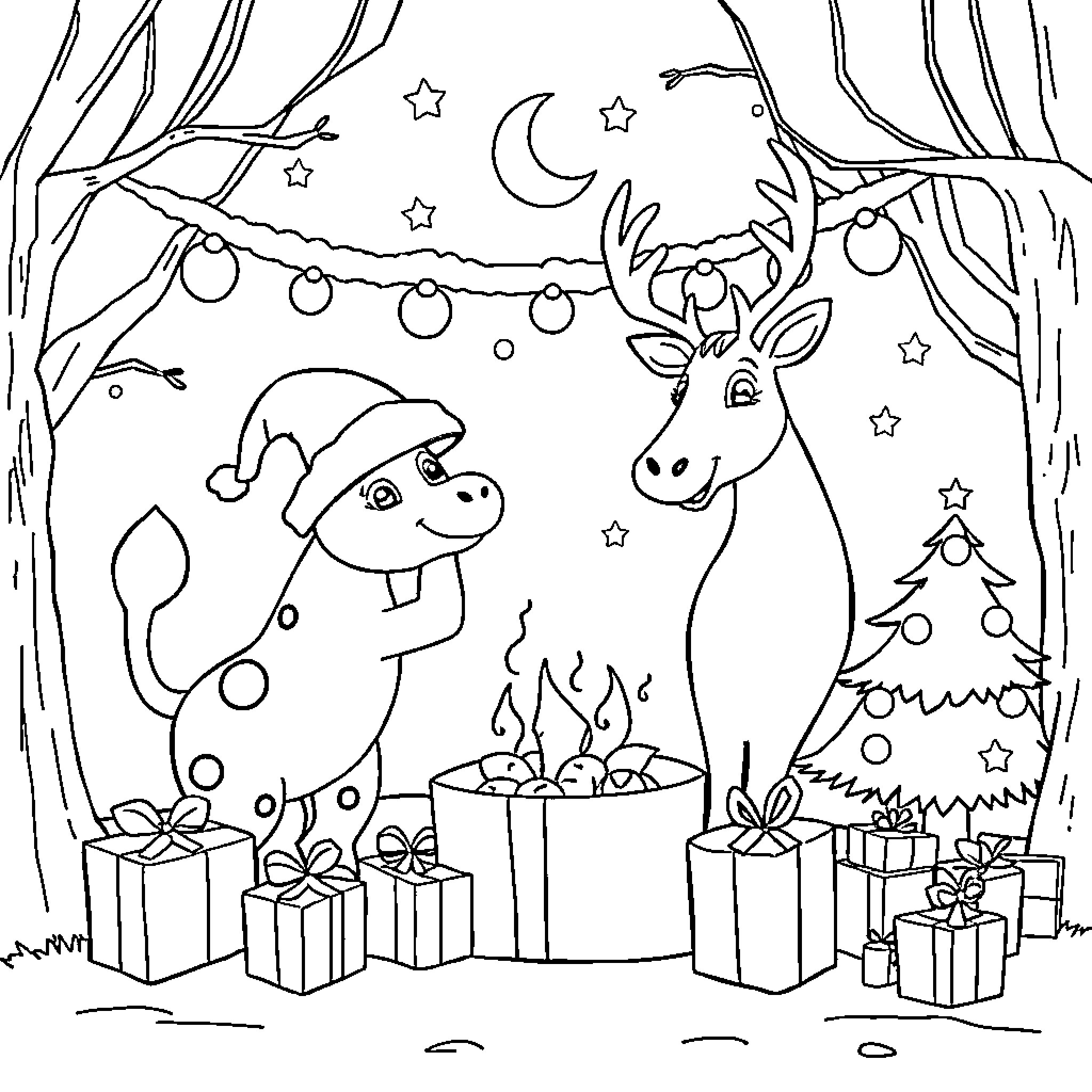 Huntrix Winter Wonderland Scene Coloring Page (free black-and-white line drawing printable PDF for all, from beginners to advanced learners, including children, teens, adults, and seniors)