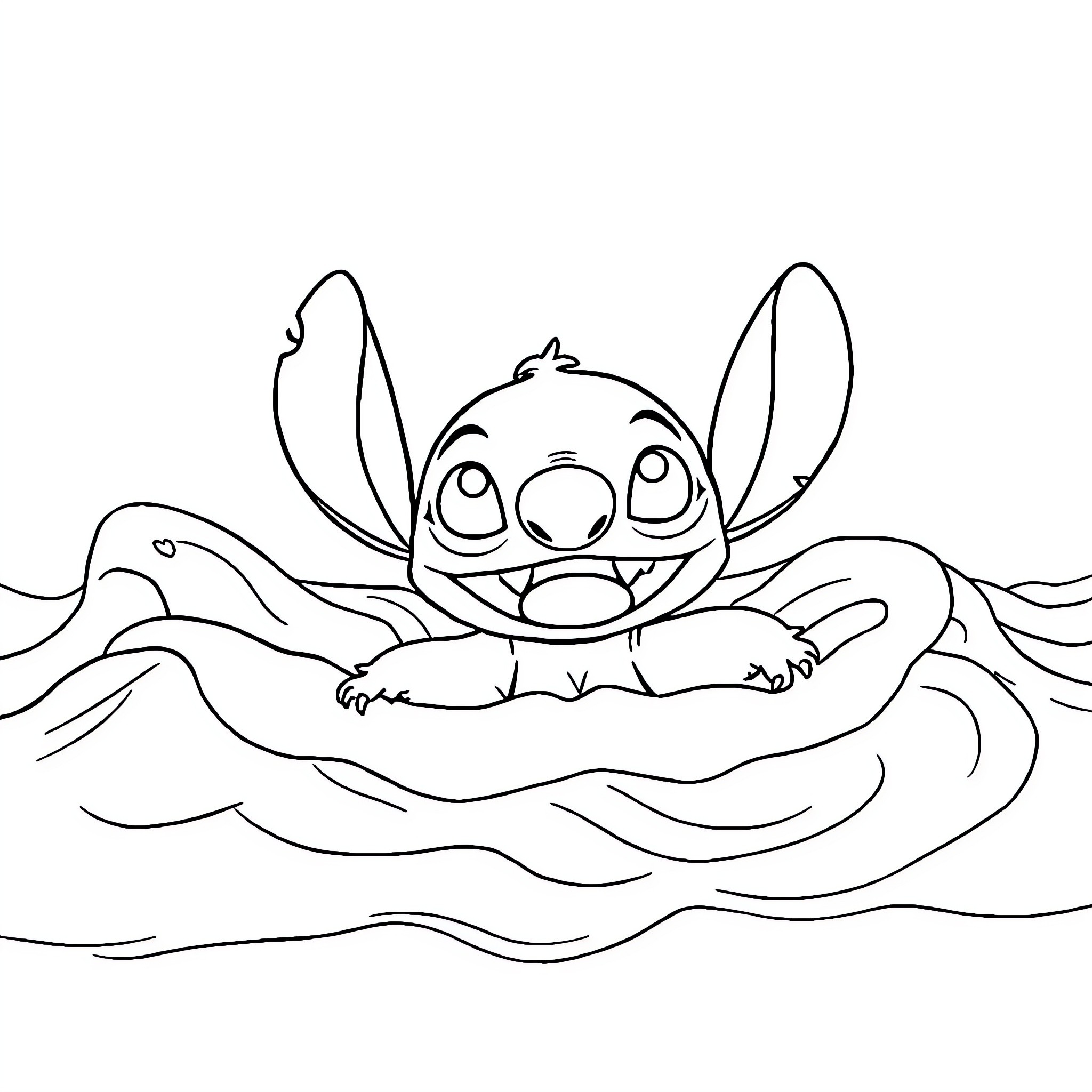 Stitch enjoying a cozy nest Coloring Page (free black-and-white line drawing printable PDF for all, from beginners to advanced learners, including children, teens, adults, and seniors)