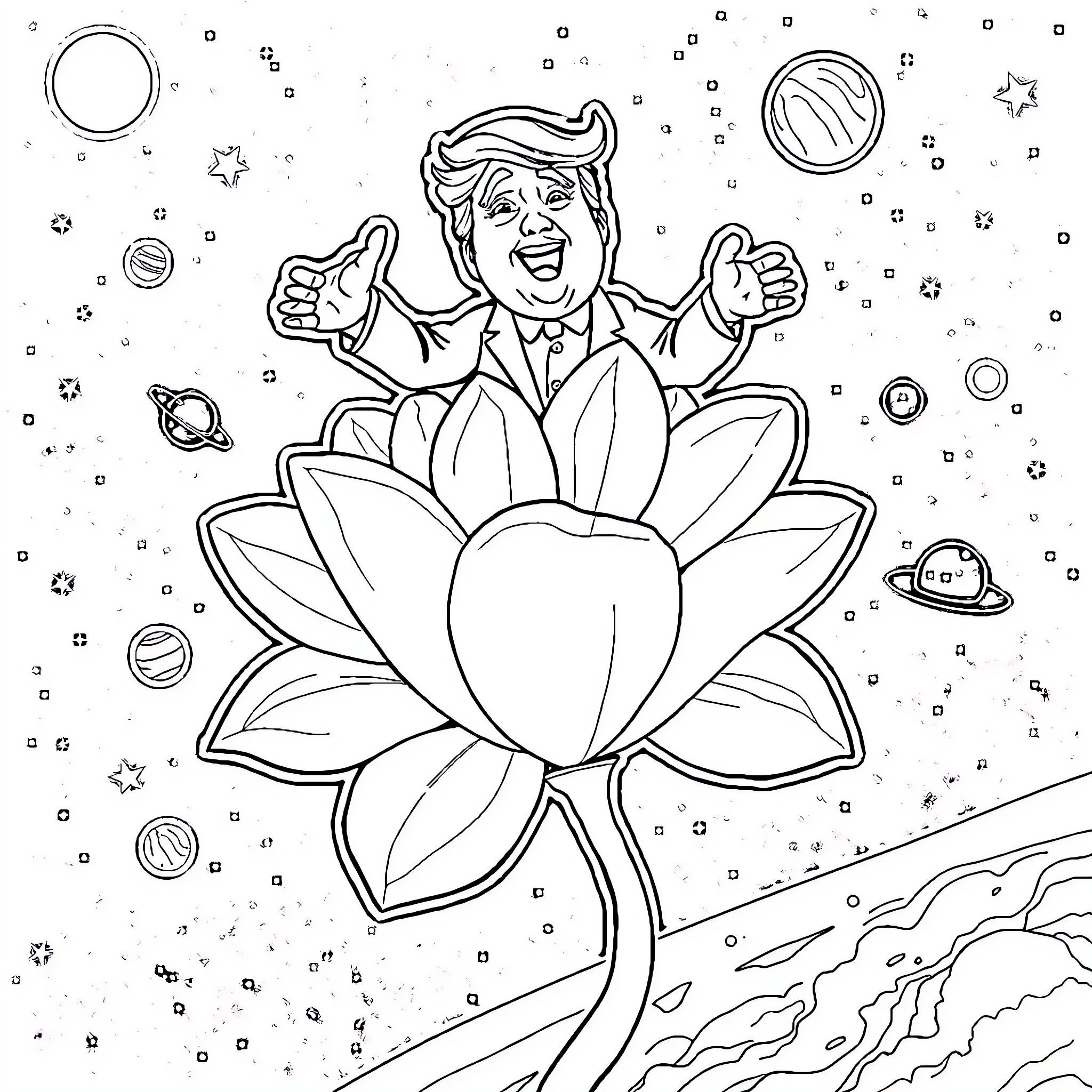 Donald Trump meditating in a cosmic lotus flower Coloring Page (free black-and-white line drawing printable PDF for all, from beginners to advanced learners, including children, teens, adults, and seniors)
