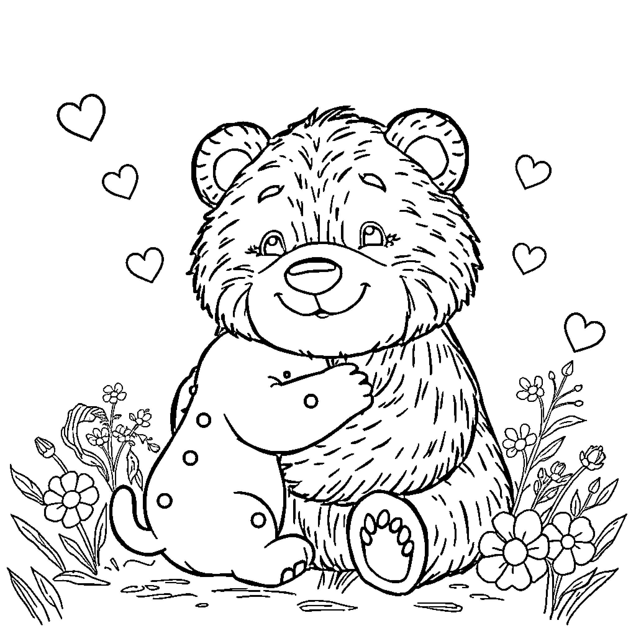 Bear in cozy outfit surrounded by flowers and hearts Coloring Page (free black-and-white line drawing printable PDF for all, from beginners to advanced learners, including children, teens, adults, and seniors)