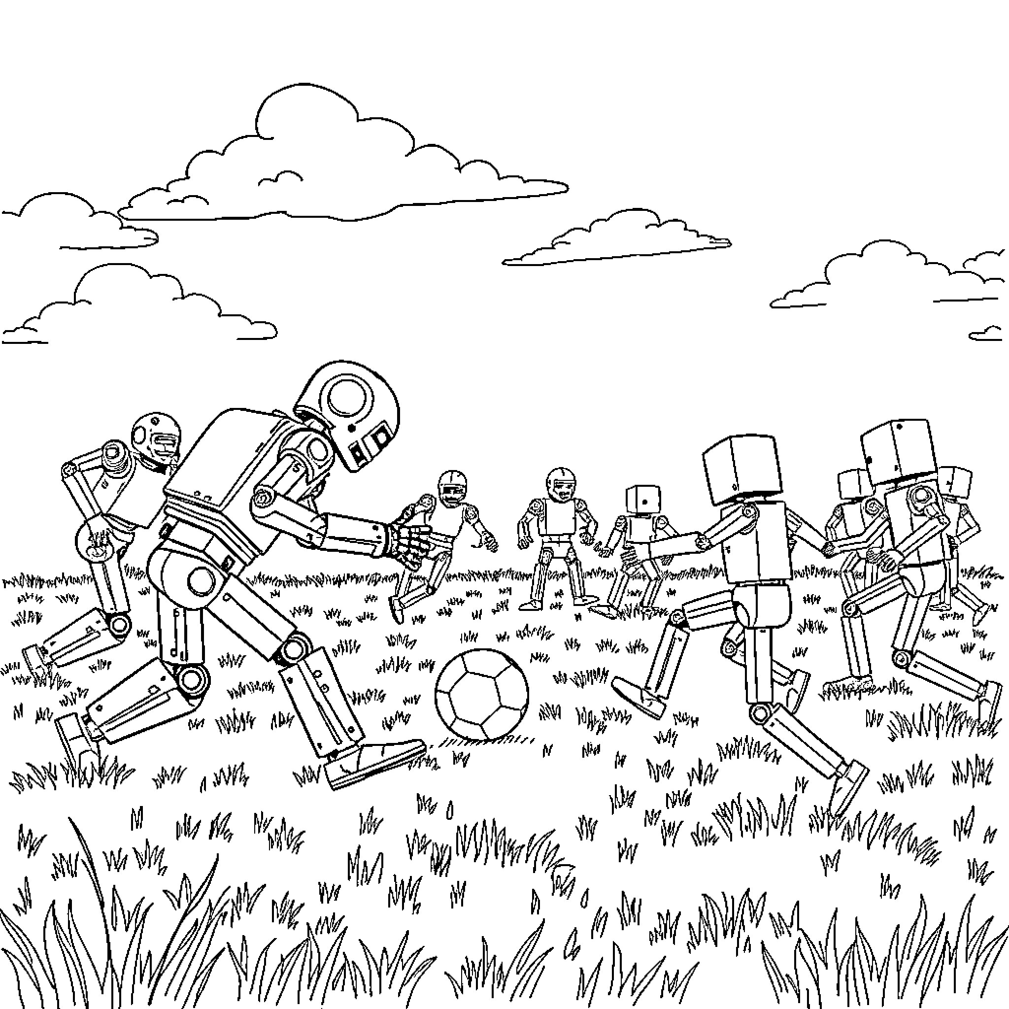 Robot soccer players in a grassy field Coloring Page (free black-and-white line drawing printable PDF for all, from beginners to advanced learners, including children, teens, adults, and seniors)