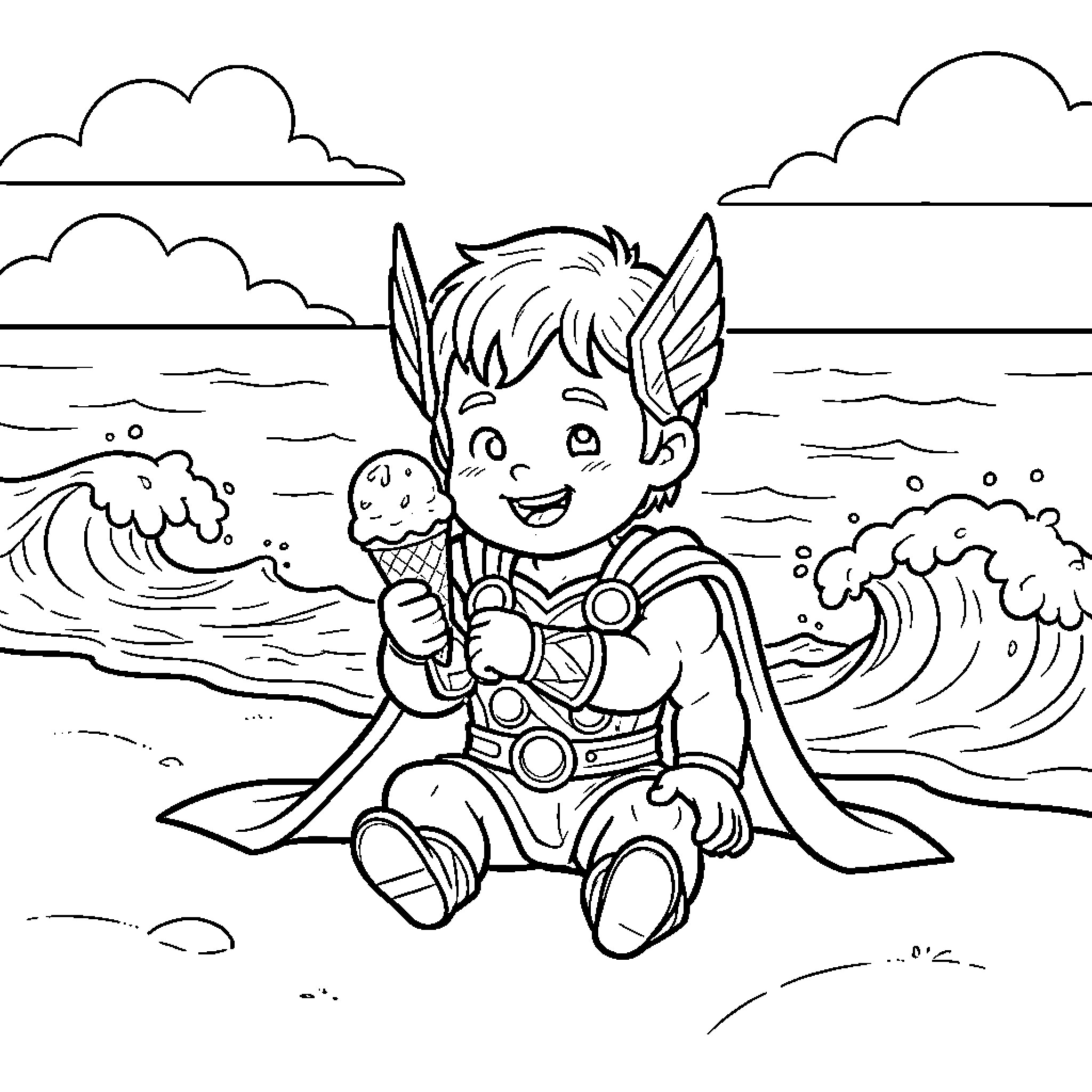 Thor sitting on the beach eating ice cream Coloring Page (free black-and-white line drawing printable PDF for all, from beginners to advanced learners, including children, teens, adults, and seniors)