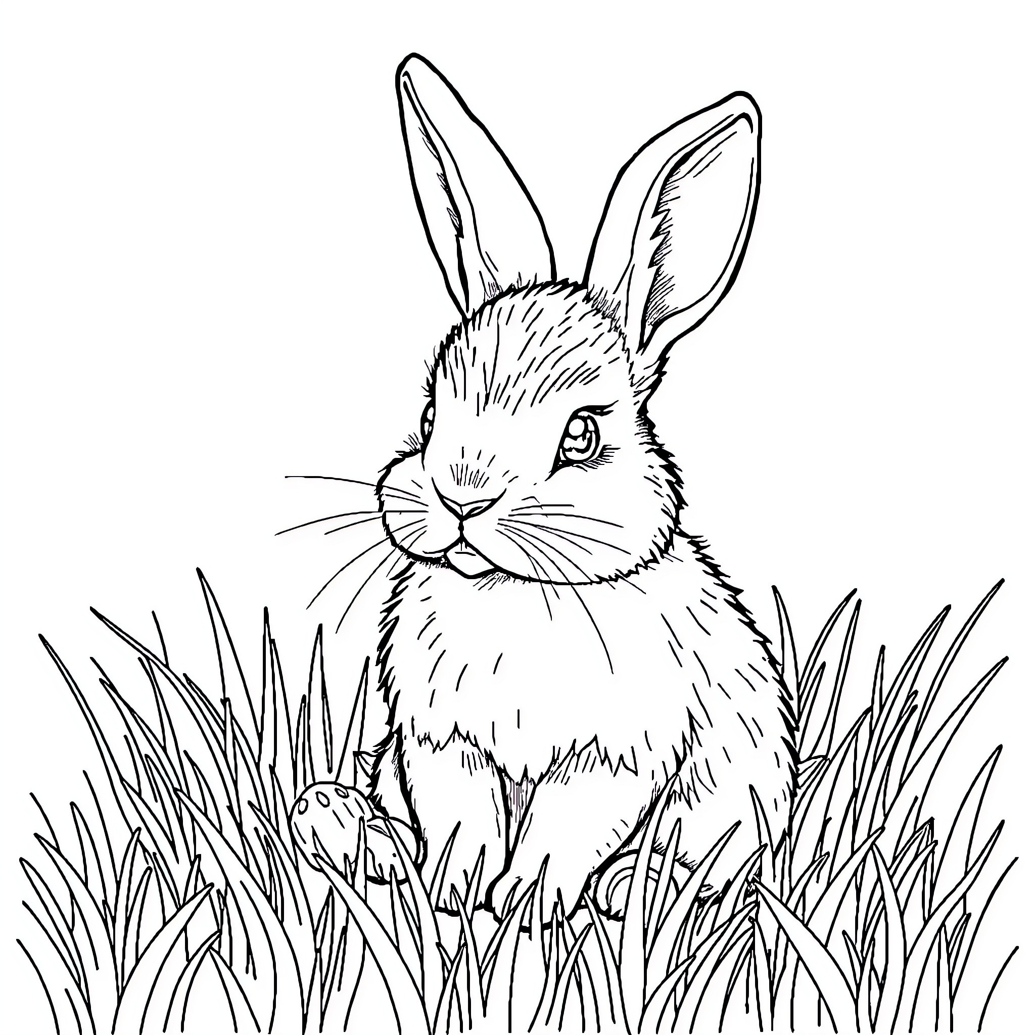 Rabbit sitting in the grass Coloring Page (free black-and-white line drawing printable PDF for all, from beginners to advanced learners, including children, teens, adults, and seniors)