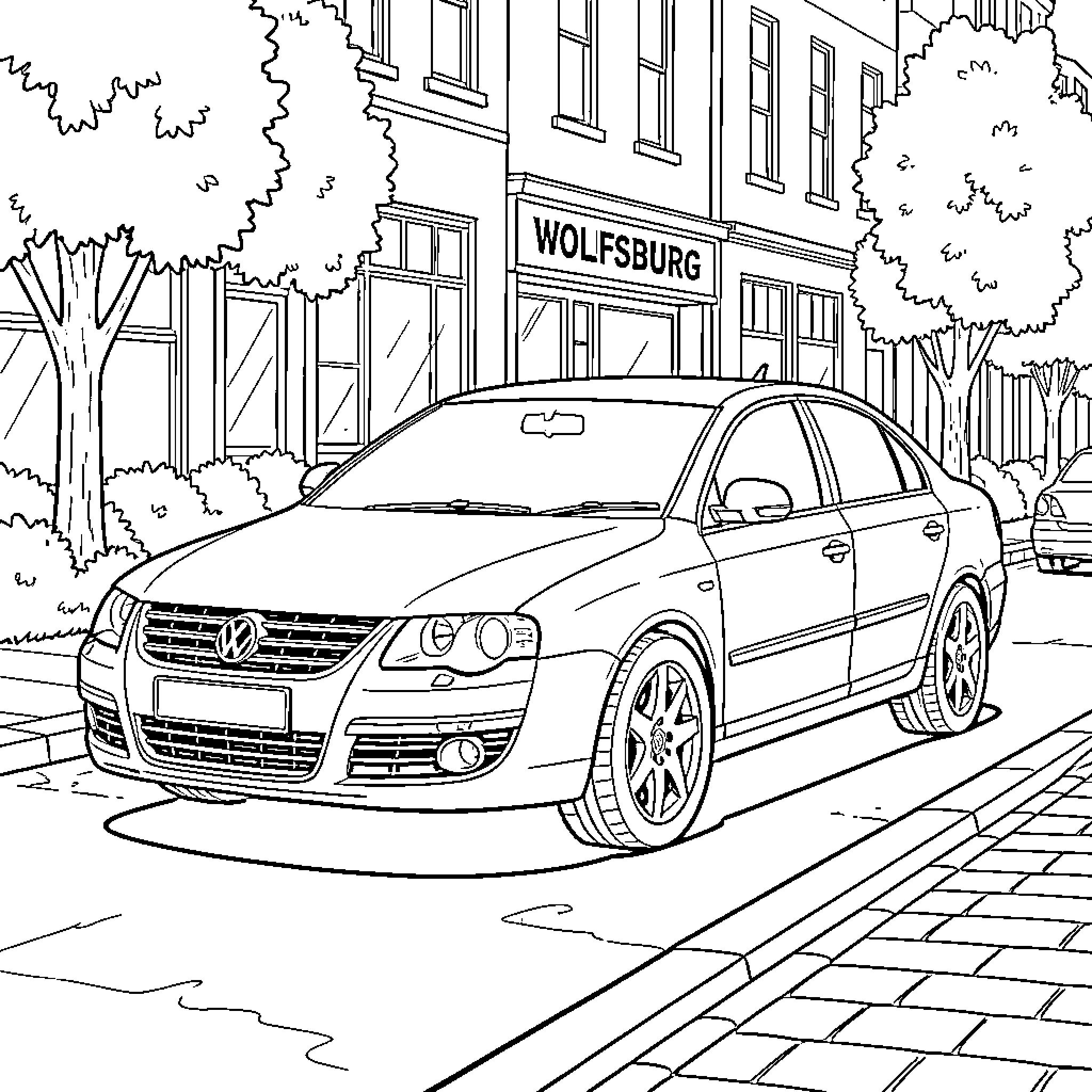 Volkswagen sedan parked on a city street near buildings Coloring Page (free black-and-white line drawing printable PDF for all, from beginners to advanced learners, including children, teens, adults, and seniors)