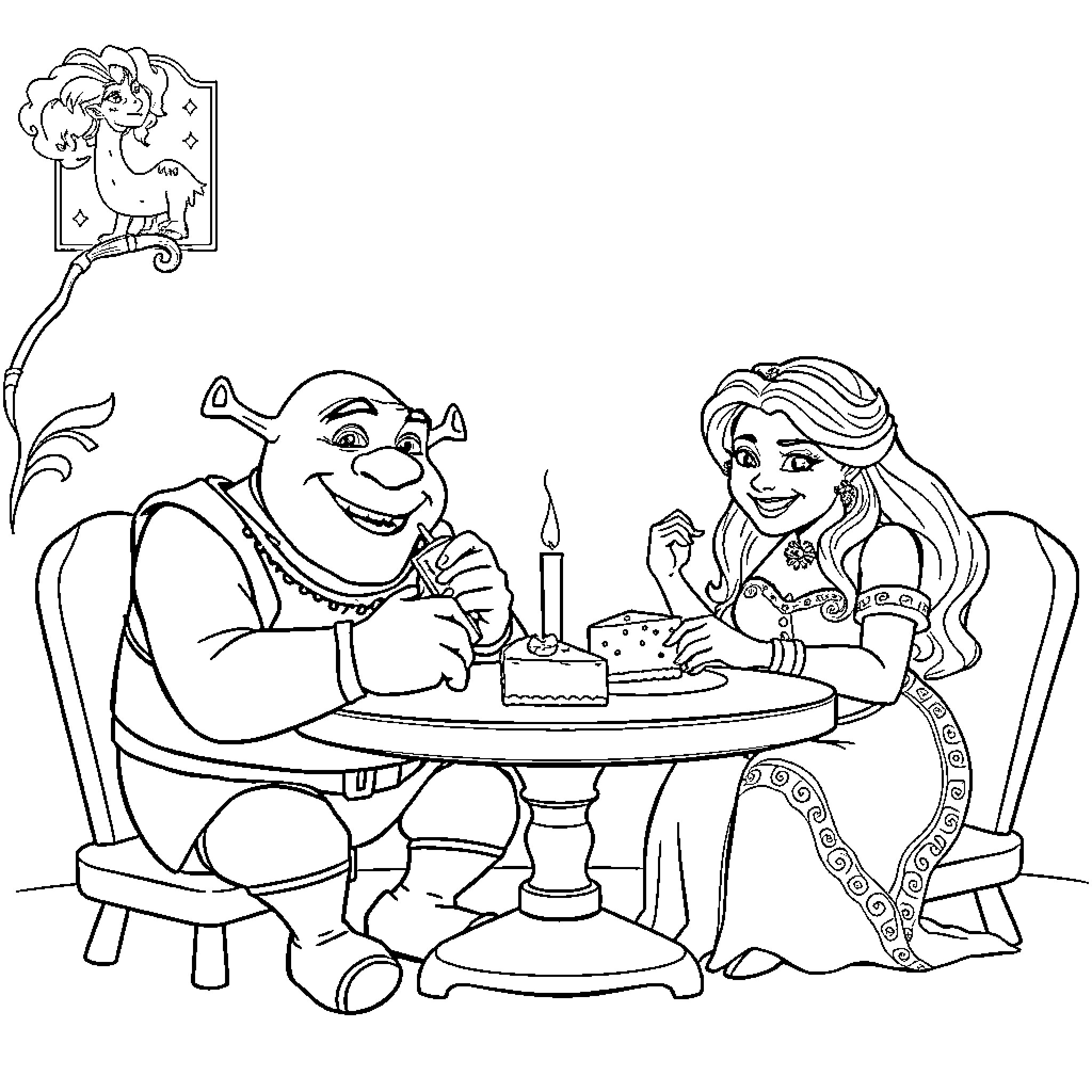 Shrek and Fiona celebrating with cake Coloring Page (free black-and-white line drawing printable PDF for all, from beginners to advanced learners, including children, teens, adults, and seniors)