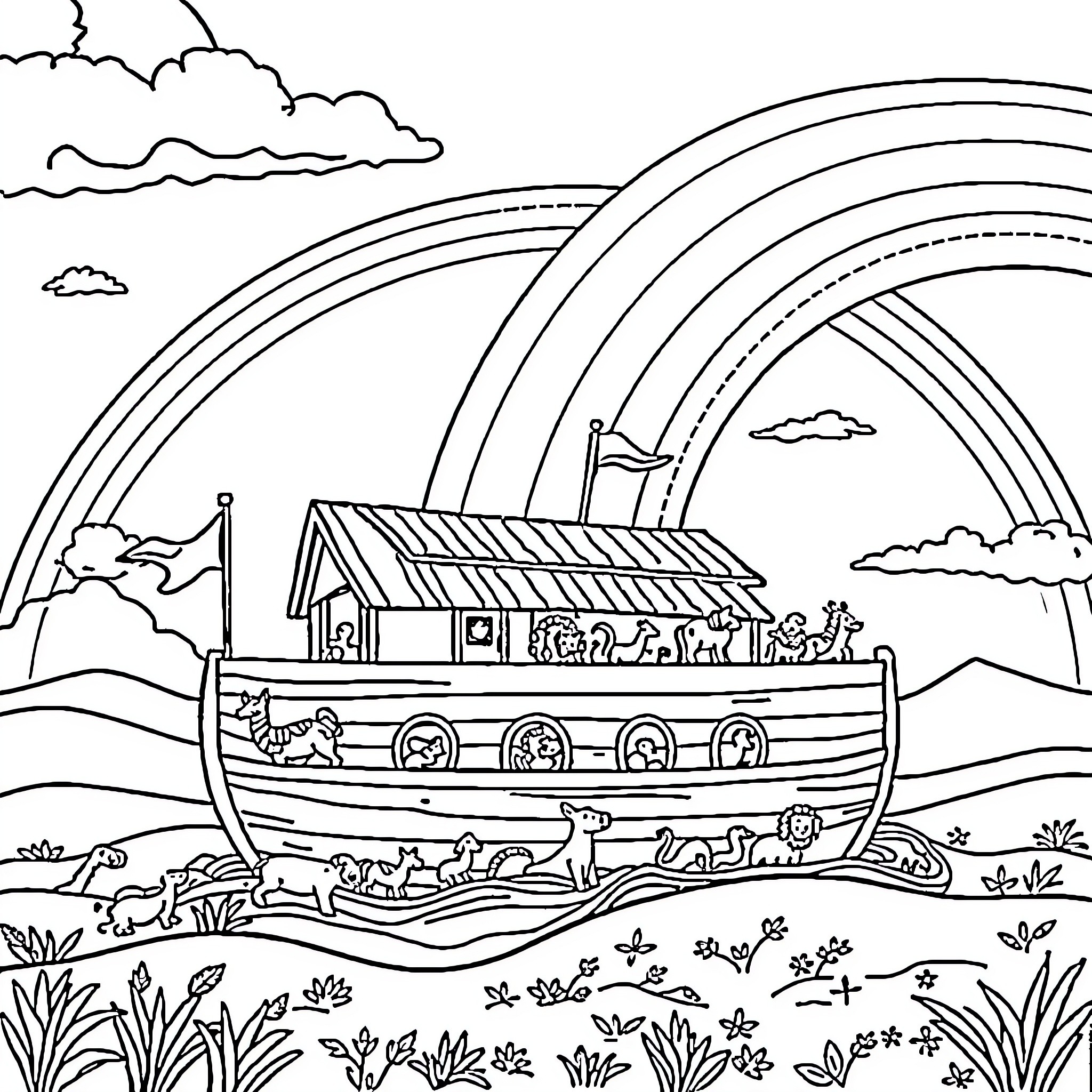 Noah's Ark Sailing Under Rainbows and Clouds Coloring Page (free black-and-white line drawing printable PDF for all, from beginners to advanced learners, including children, teens, adults, and seniors)