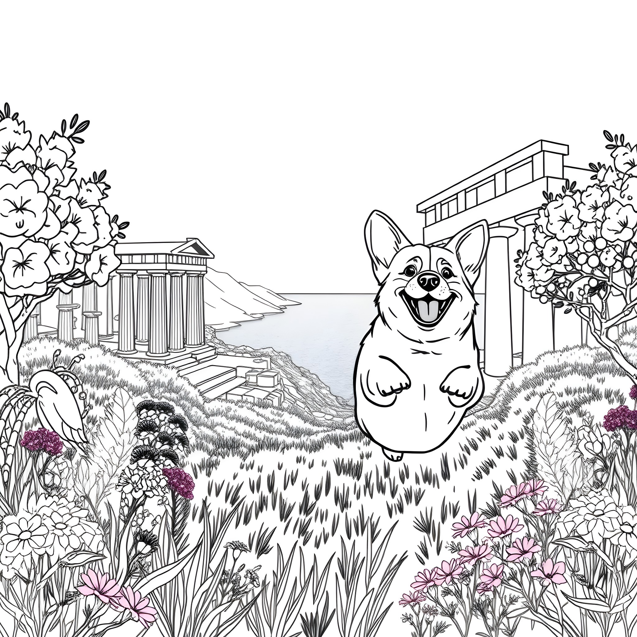 Corgi playing joyfully in a lush garden landscape Coloring Page (free black-and-white line drawing printable PDF for all, from beginners to advanced learners, including children, teens, adults, and seniors)