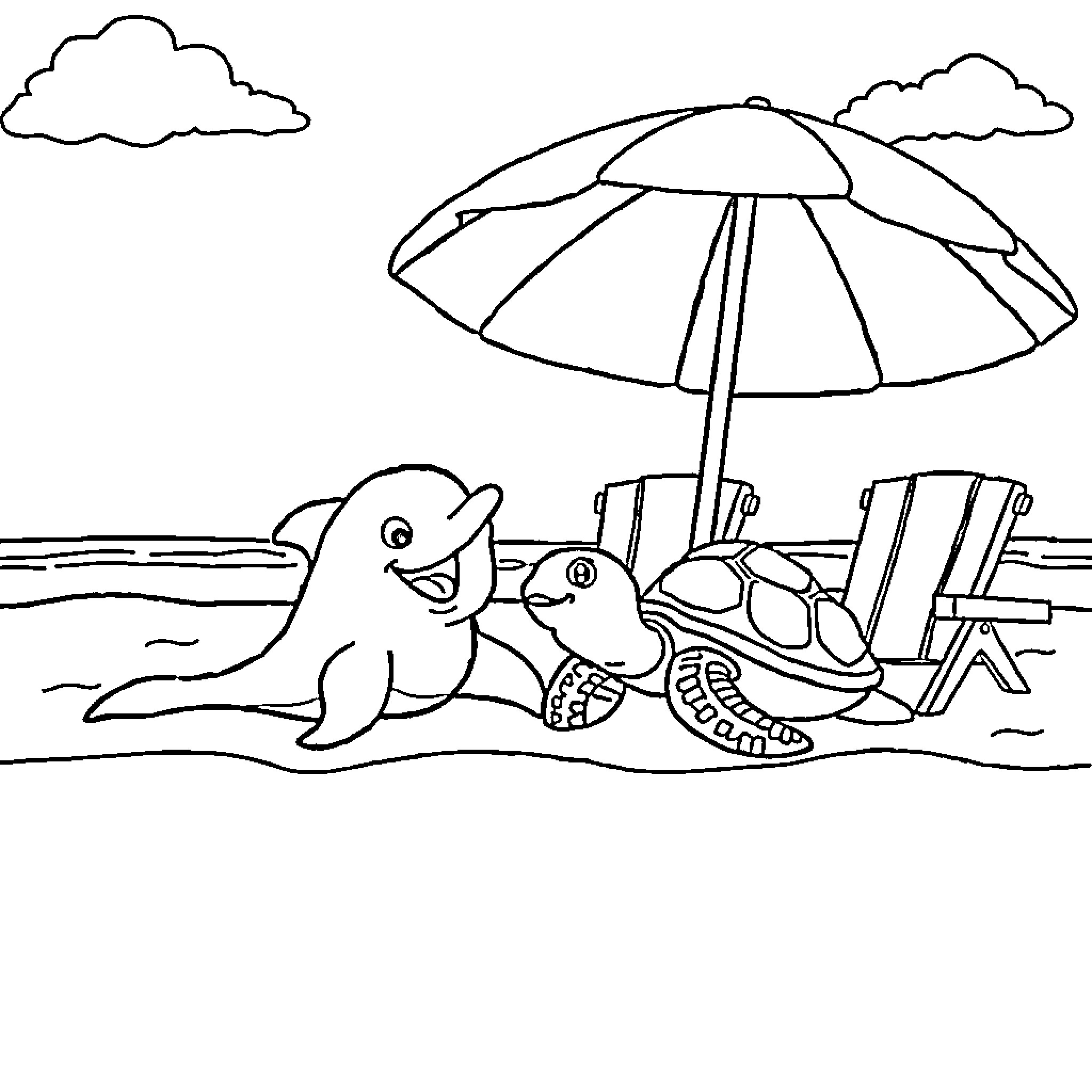 Dolphin playing on the beach with friends Coloring Page (free black-and-white line drawing printable PDF for all, from beginners to advanced learners, including children, teens, adults, and seniors)