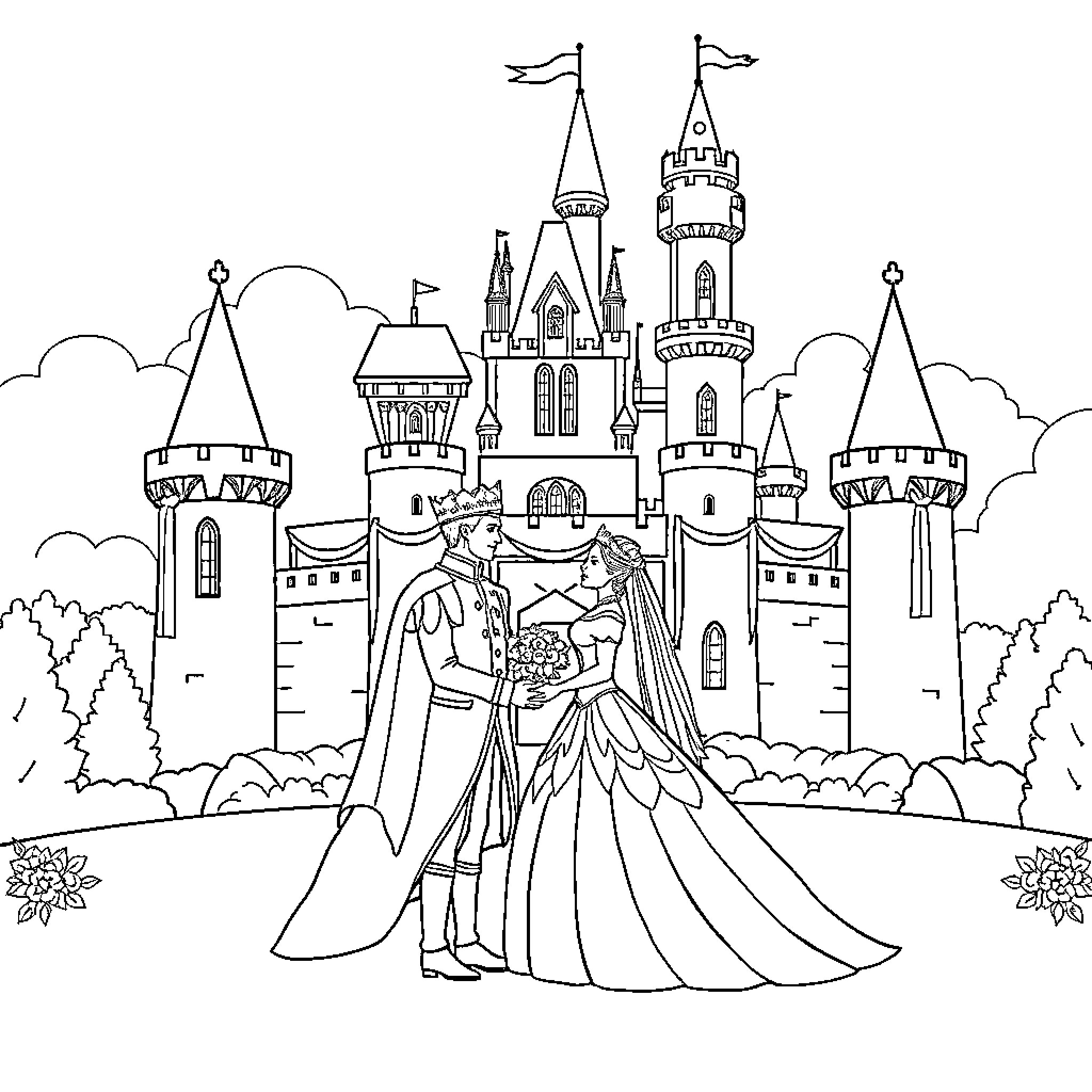 Prince and Princess in a Fairytale Castle Coloring Page (free black-and-white line drawing printable PDF for all, from beginners to advanced learners, including children, teens, adults, and seniors)