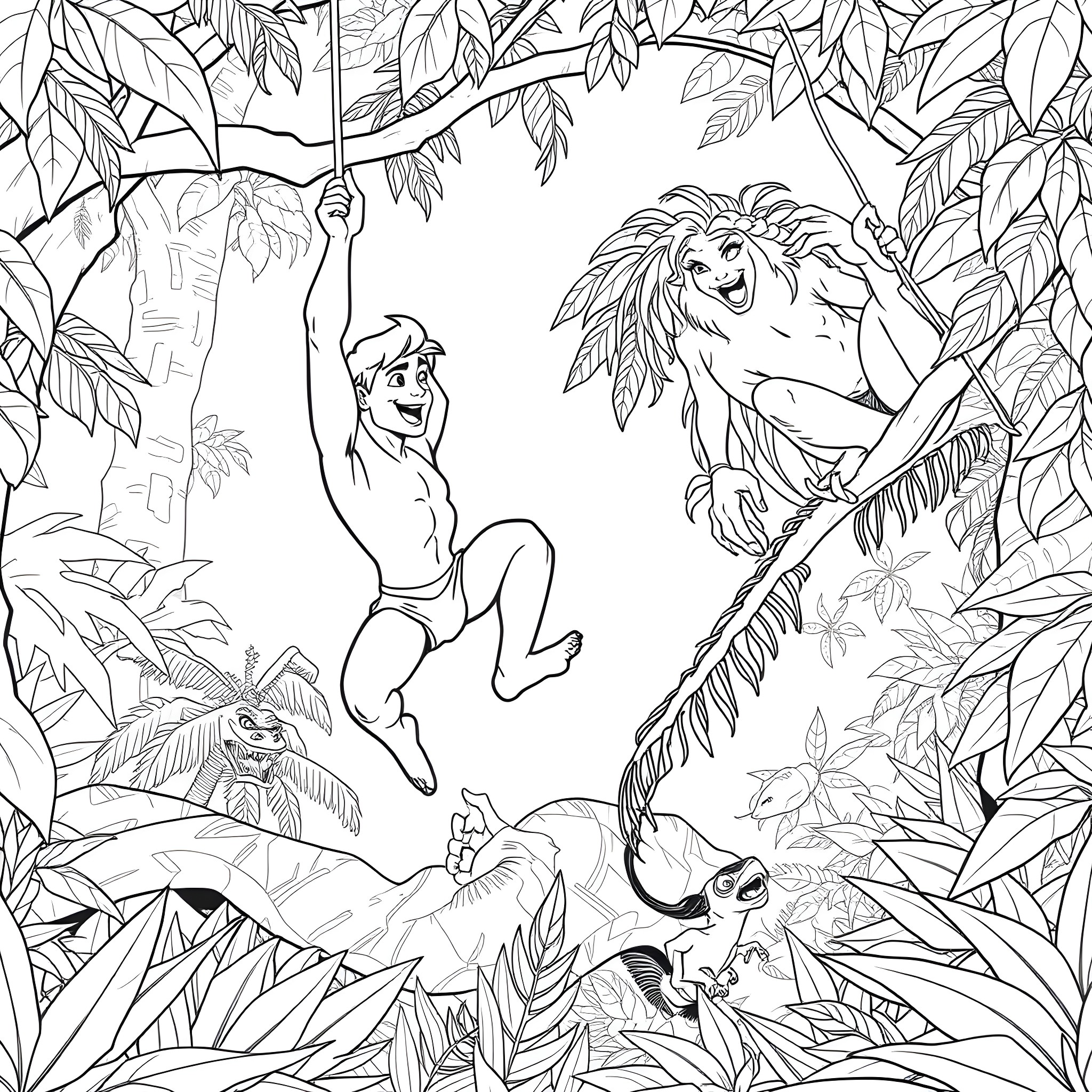 Tarzan swinging through the jungle with animals Coloring Page (free black-and-white line drawing printable PDF for all, from beginners to advanced learners, including children, teens, adults, and seniors)