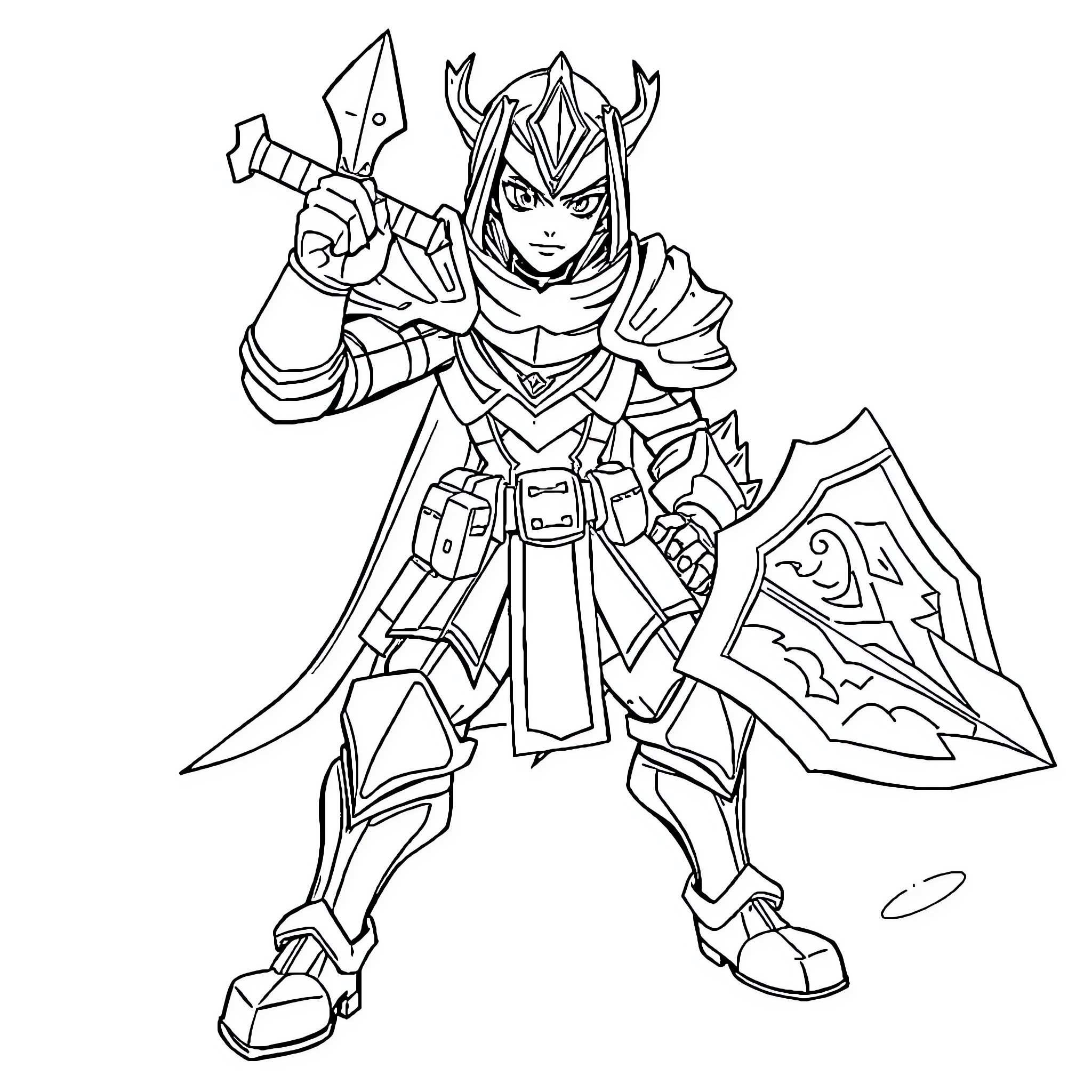 Hero in Heroic Warrior Attire with Weapons Coloring Page (free black-and-white line drawing printable PDF for all, from beginners to advanced learners, including children, teens, adults, and seniors)