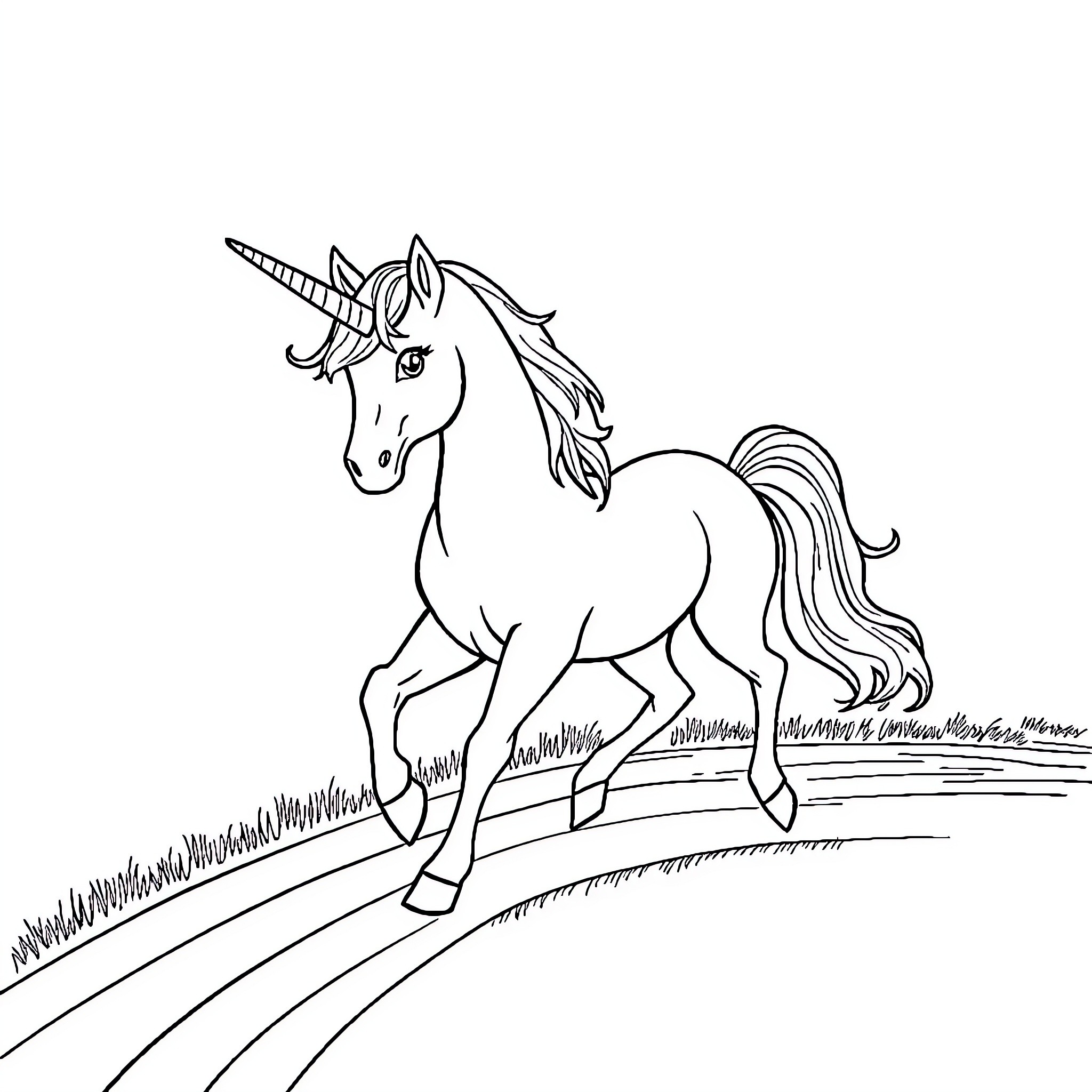 Unicorn galloping gracefully on a magical path Coloring Page (free black-and-white line drawing printable PDF for all, from beginners to advanced learners, including children, teens, adults, and seniors)